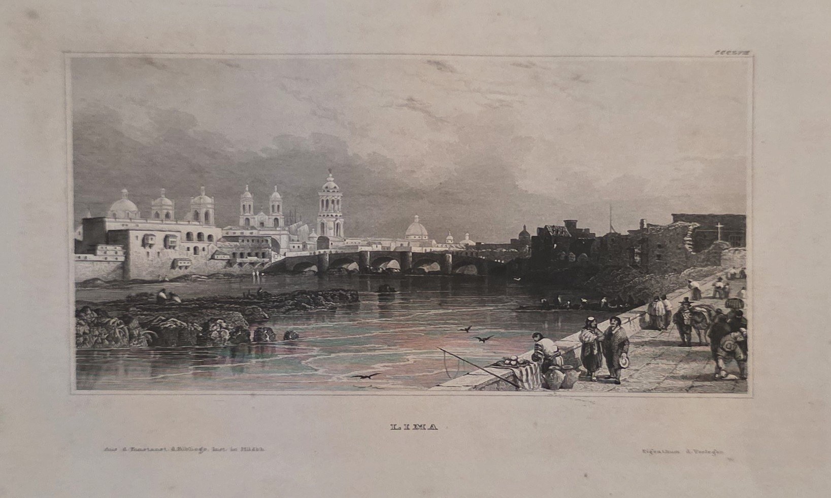 Historische Architekturdarstellung – Lange Brücke vor Stadtpanorama