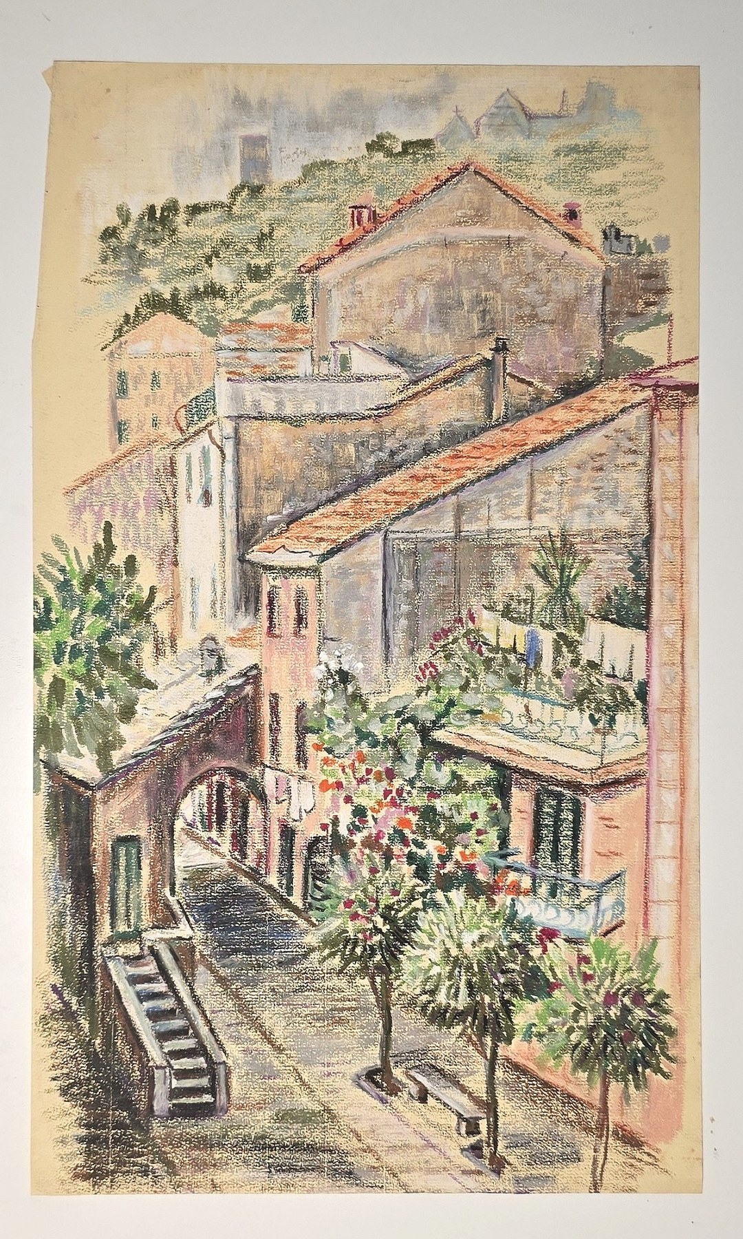 Historische Darstellung – Aquarell mit terrassierten Häusern am Hang