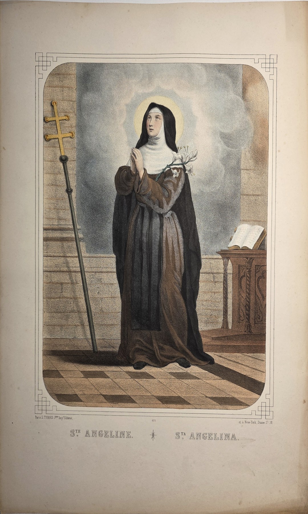 Farbig gefasste mit Ordensfrau zwischen Büchern und Kreuz