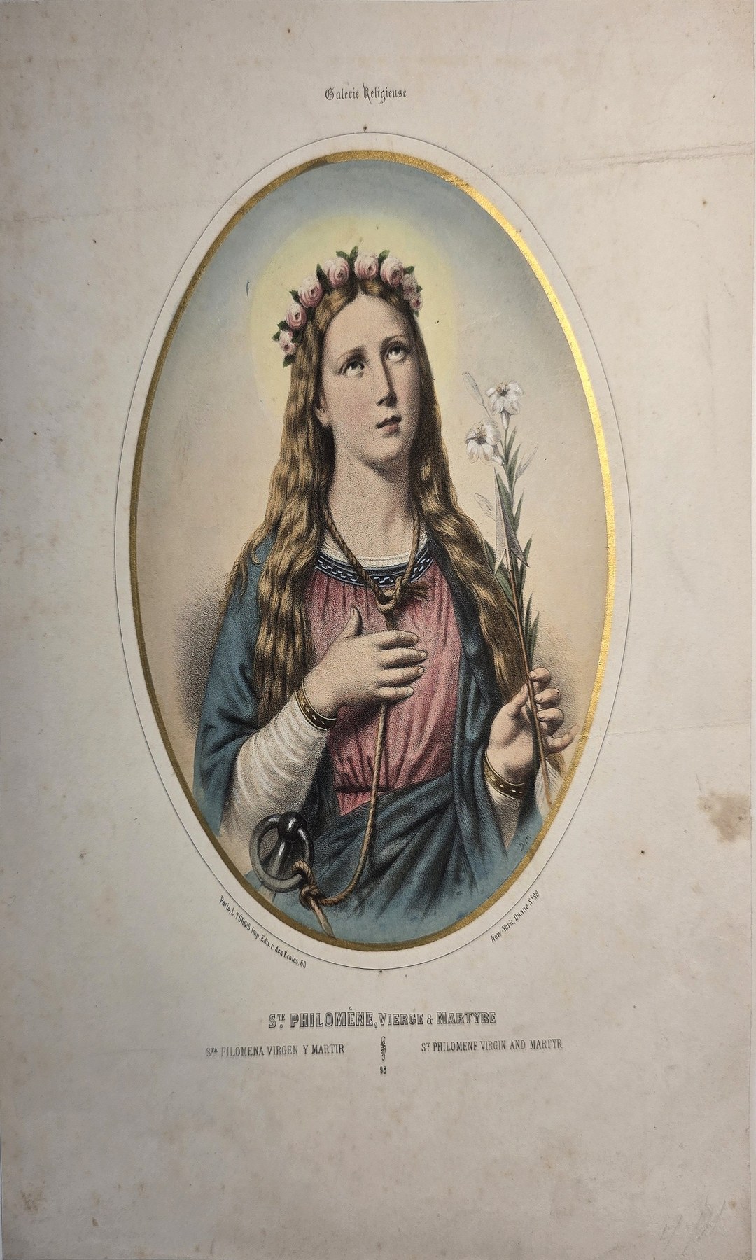 Ovale mit weiblicher Heiliger und Blumenkranz