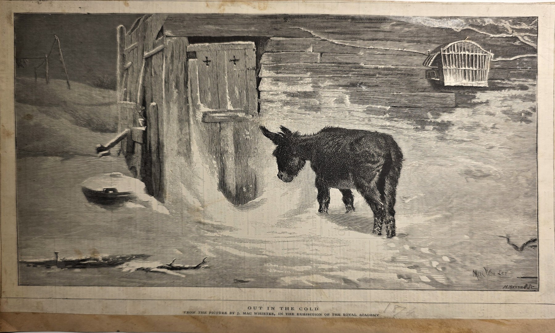 Esel vor einer einfachen Hütte im Schnee