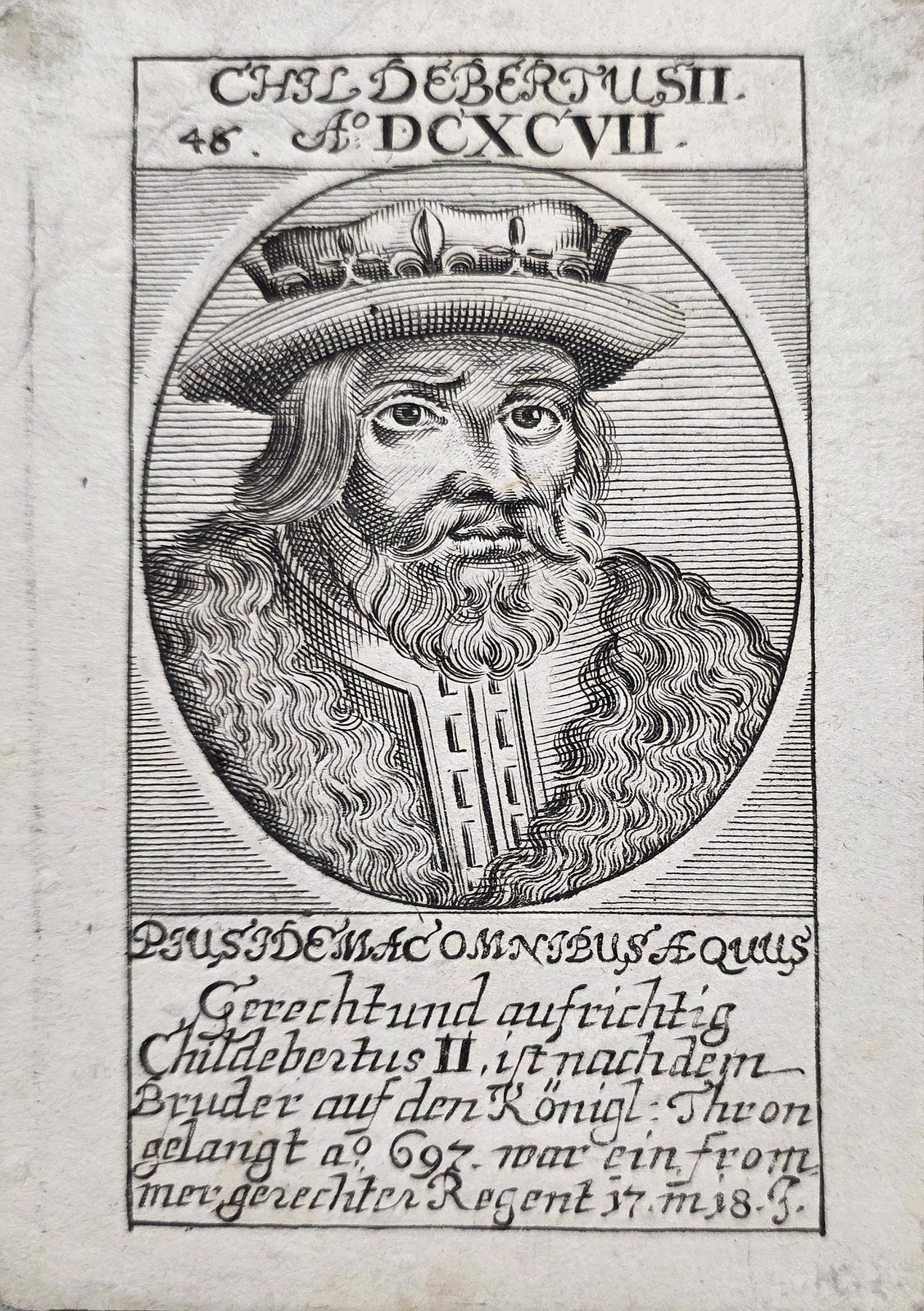 Bärtiges Herrscherporträt mit Krone und Text