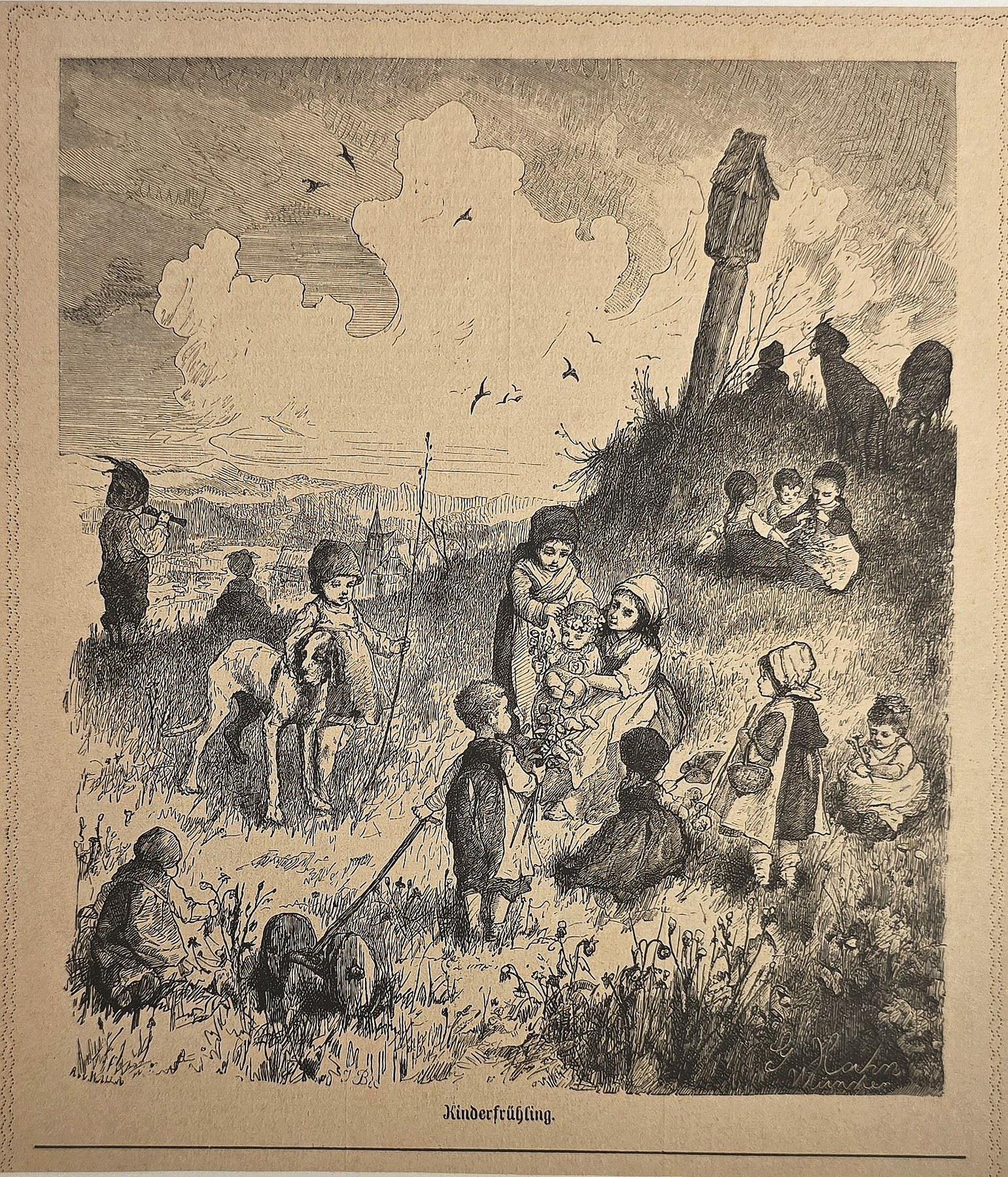 Historische Landschaftsdarstellung – Kindergruppe in offener Landschaft
