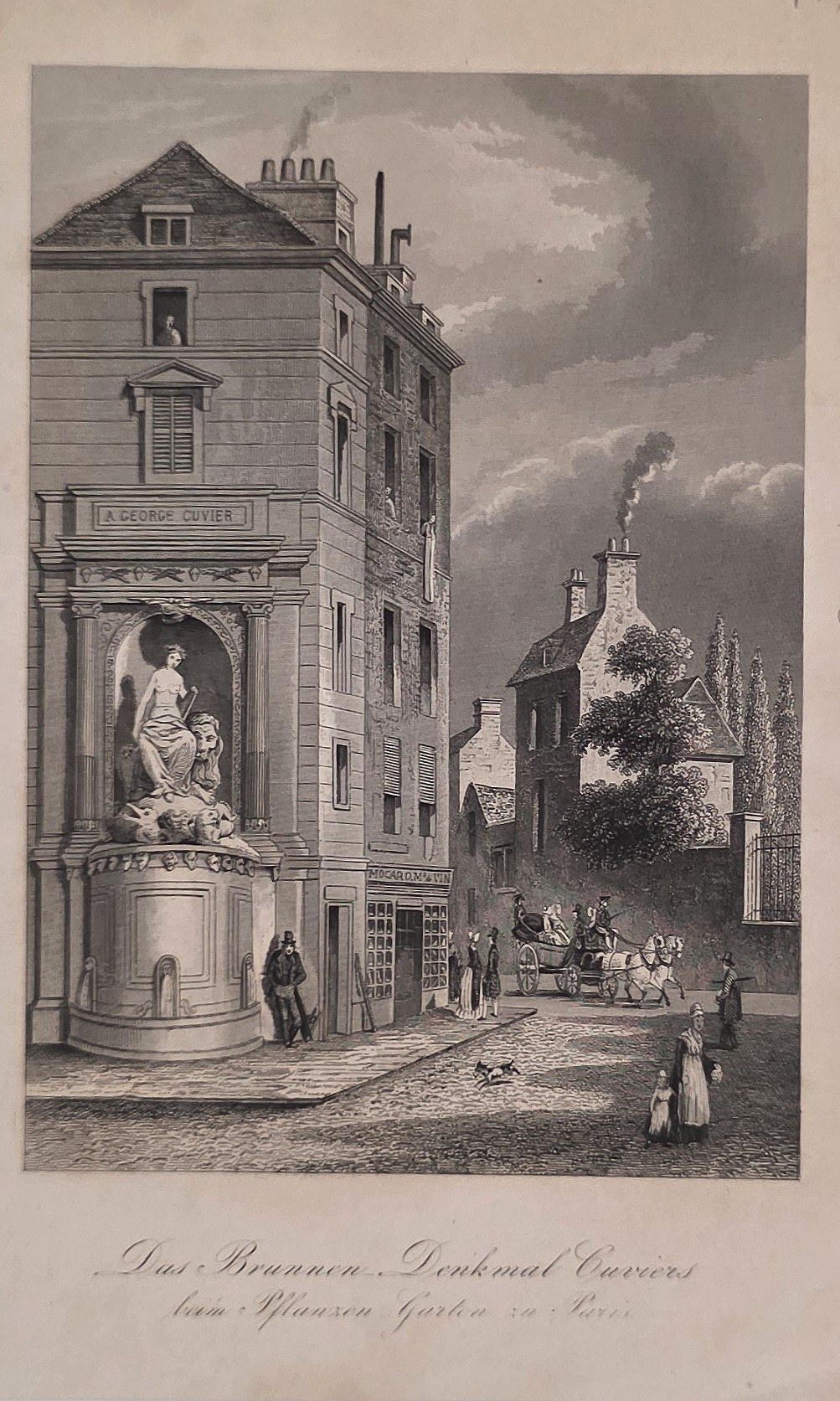 Historische Darstellung – Städtischer Brunnen an hoher Hausfassade