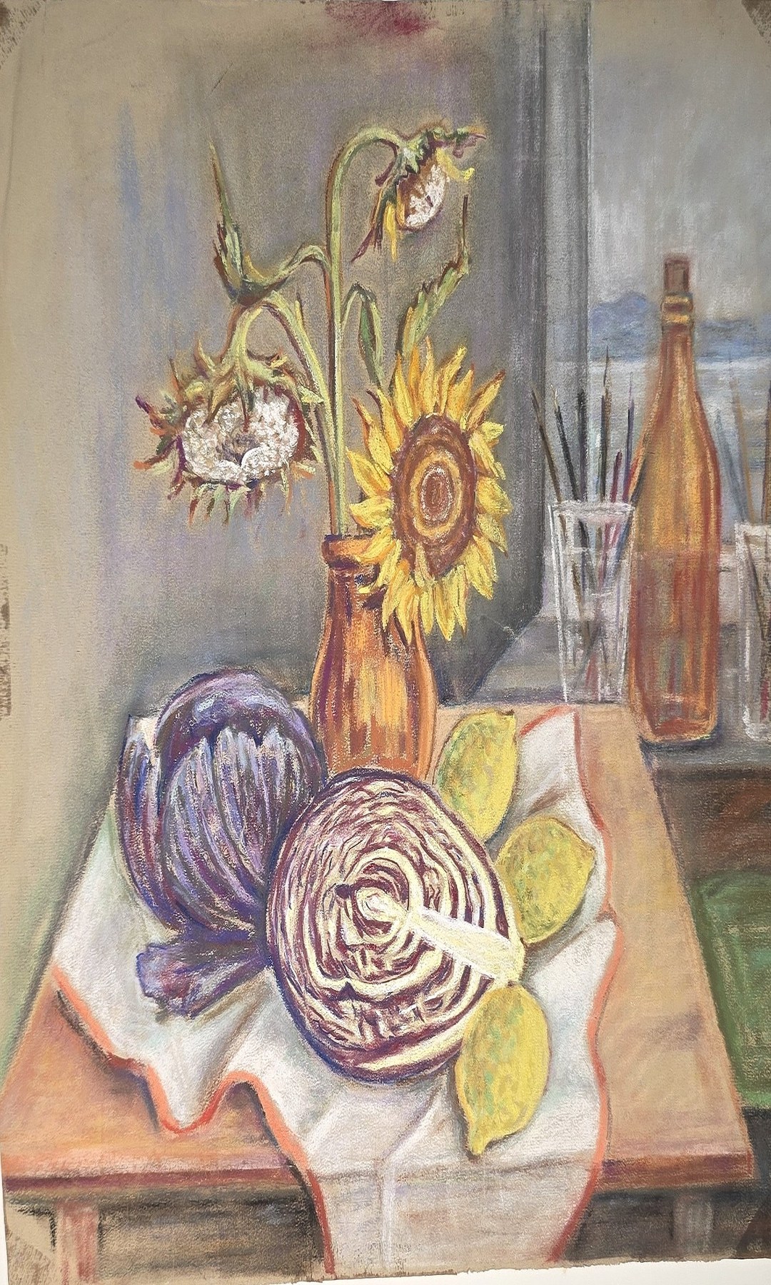 Aquarellstillleben mit Sonnenblume, Kohl und Flaschen