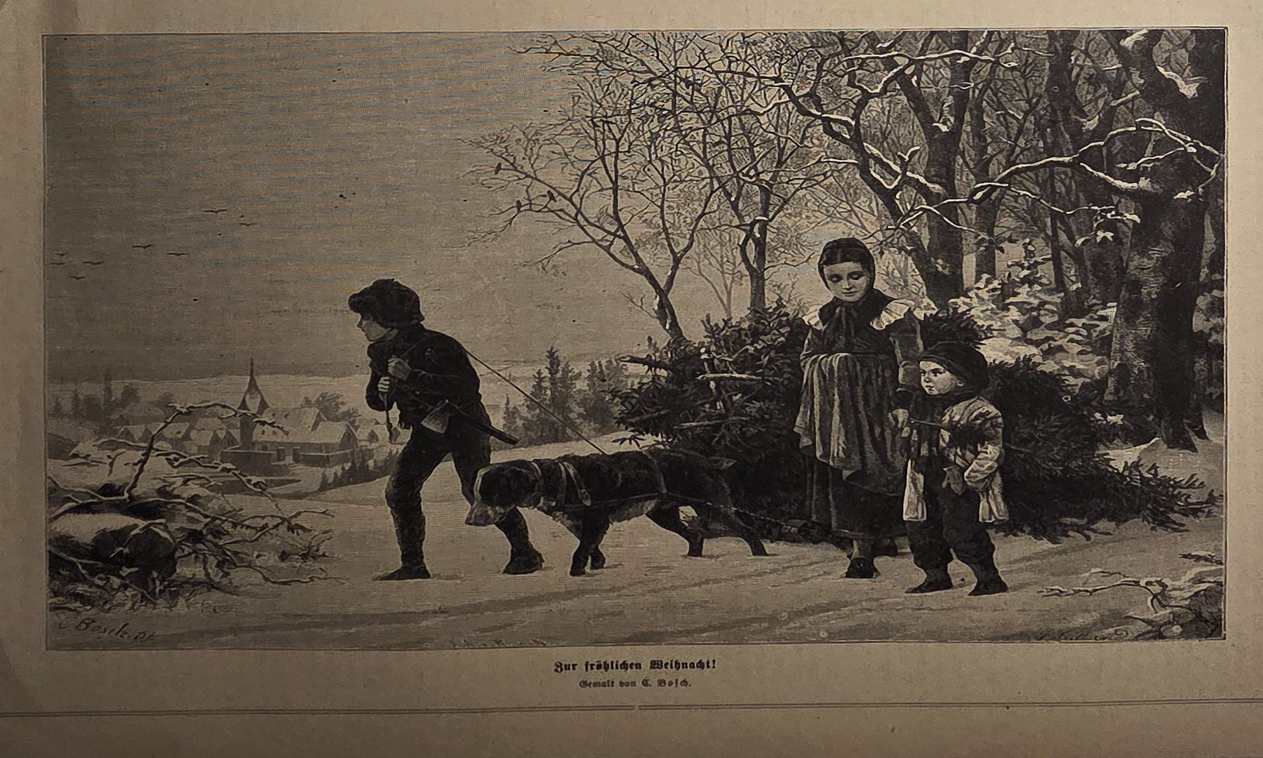 Winterliche Familie mit Schlitten und Hund