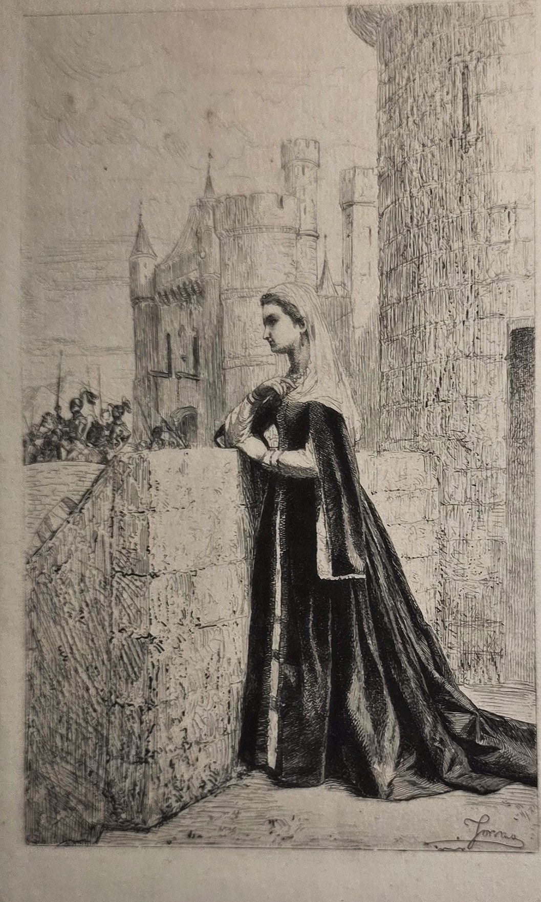 Elegante historische Grafik einer Dame vor städtischer Architektur