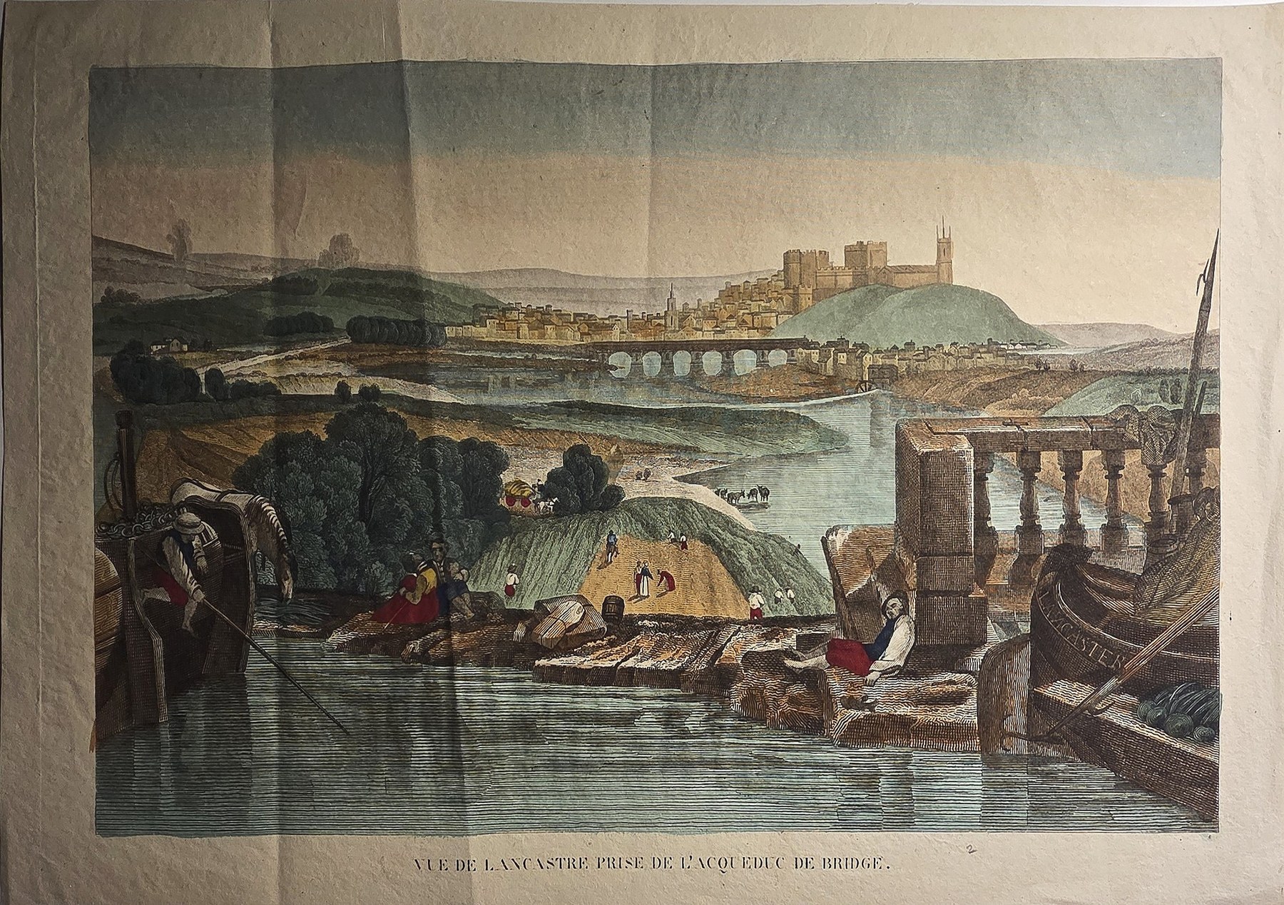 Kolorierter einer Flusslandschaft mit Brücke und Burg