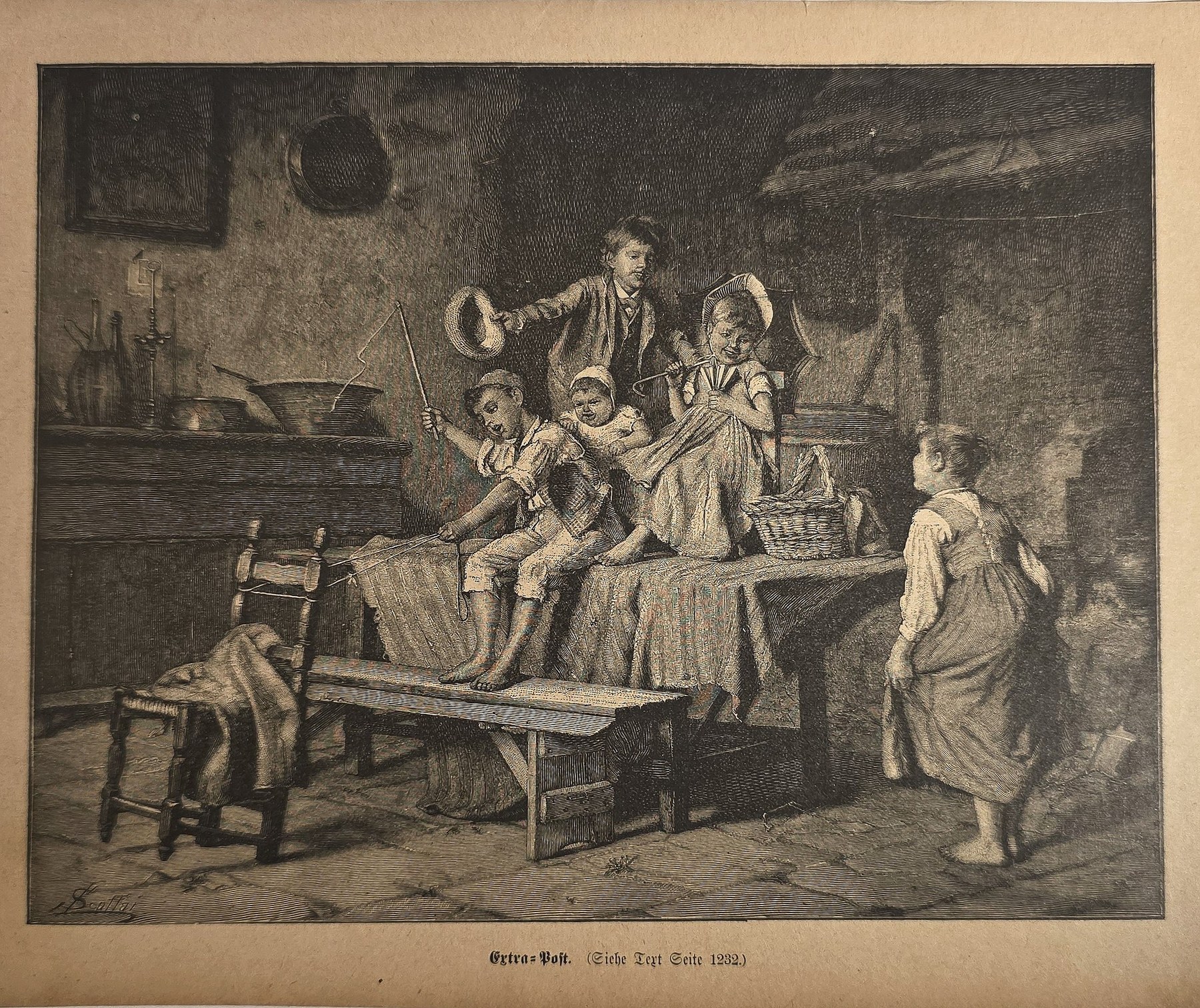 Historische Darstellung – Musizierende Kinder in der Stube