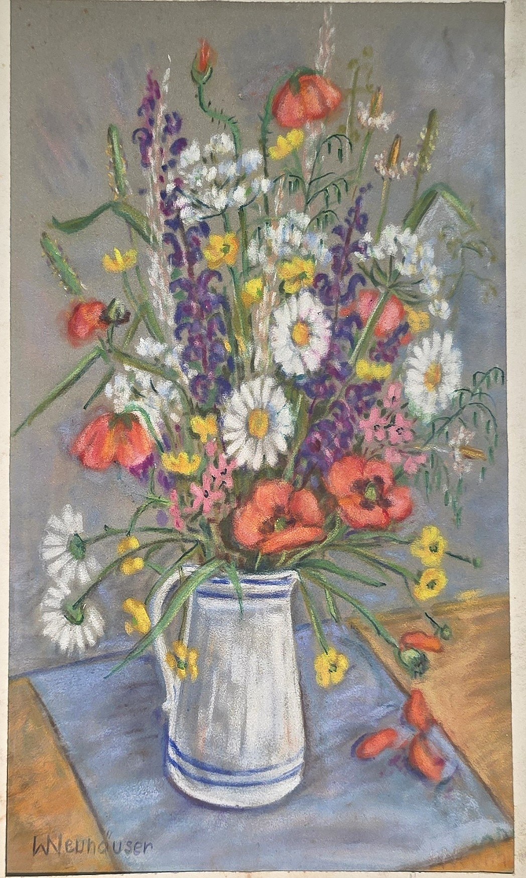 Aquarell mit Wiesenblumen in hellem Krug