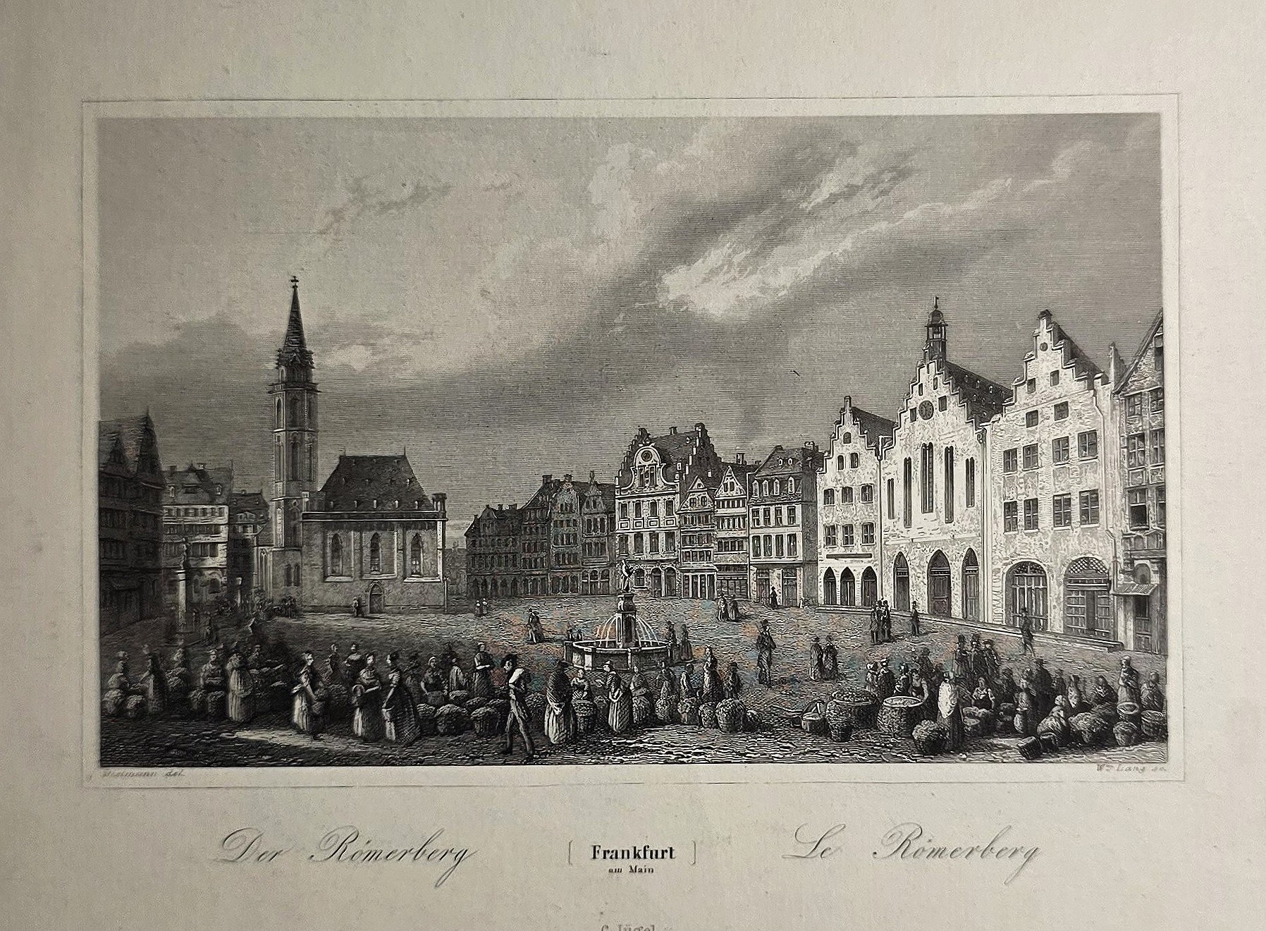 Historische Ortsdarstellung – Der Römerberg in Frankfurt – mit Marktszene