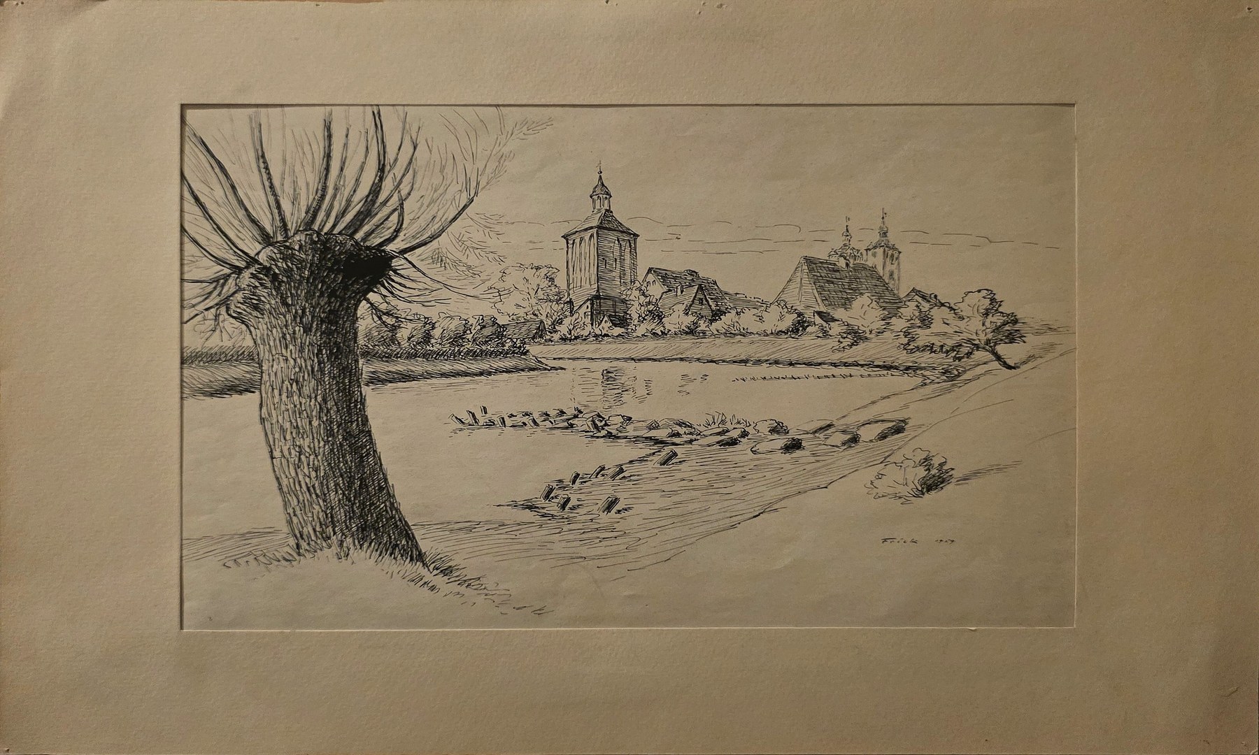Ländliche historische Grafik mit Baum und ferner Kirche