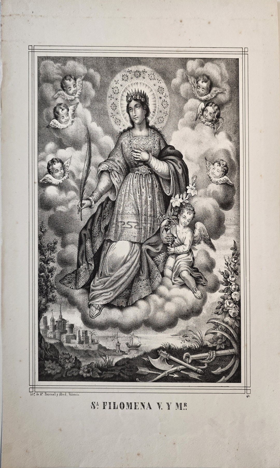 Sakrale historische Darstellung – Madonna auf Wolken über kleiner Landschaft