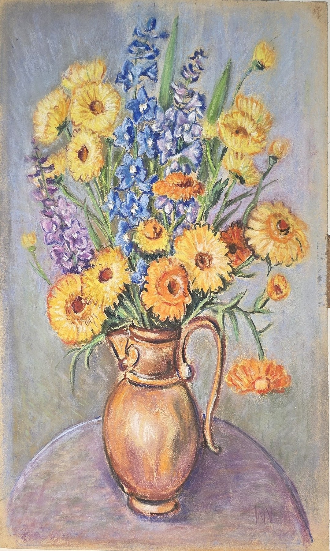 Aquarell mit gelben Blüten in kupferfarbenem Krug
