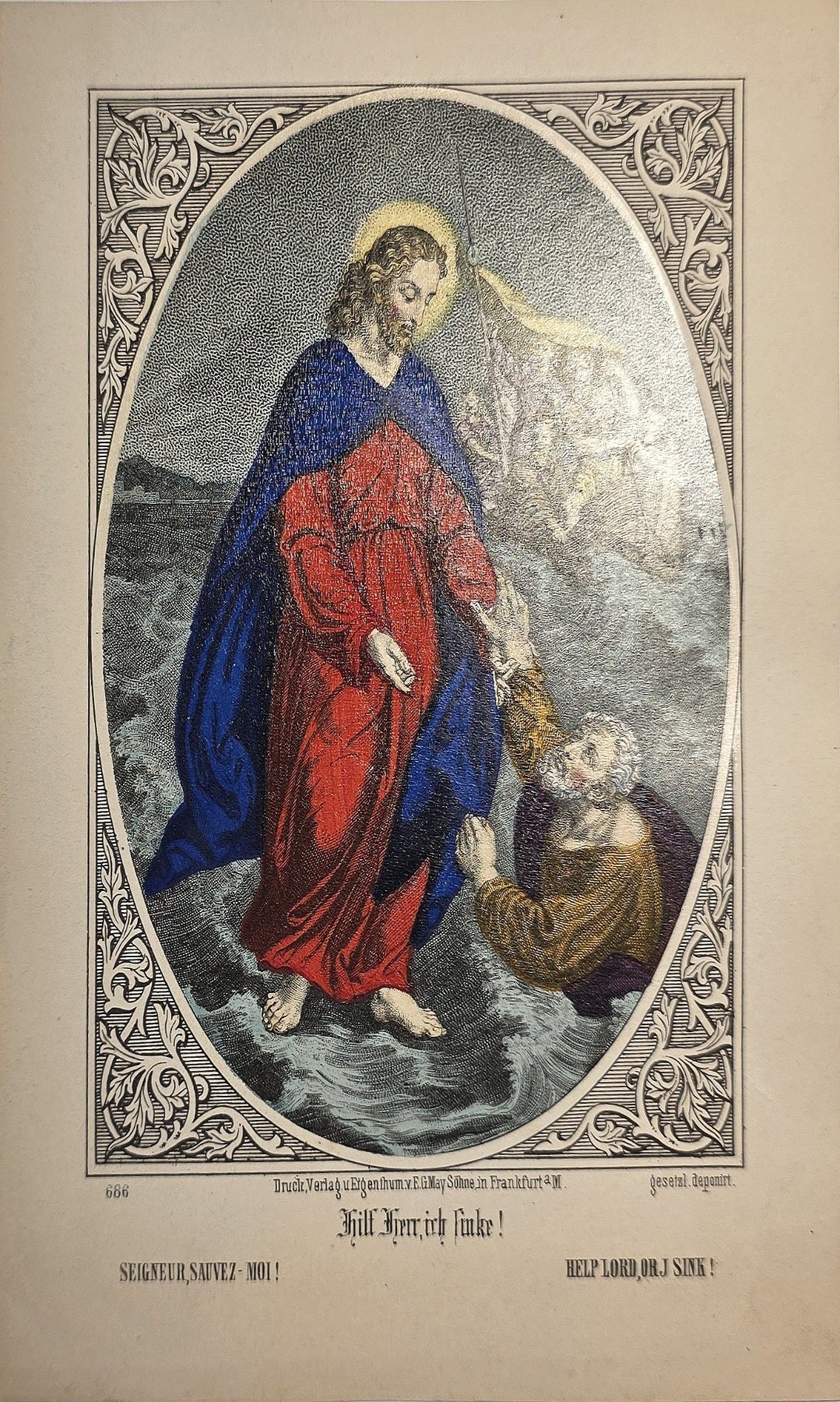 Ornamental gerahmte mit stehender Marienfigur in Rot und Blau