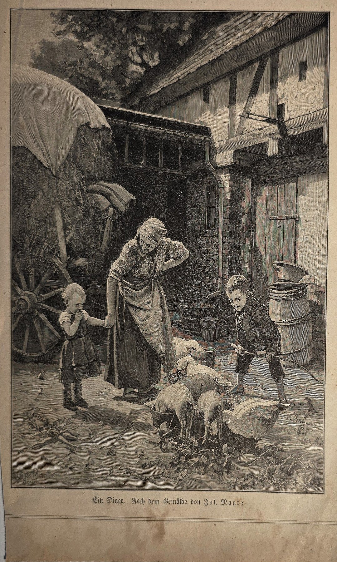 Ältere Frau mit Kindern und Hunden