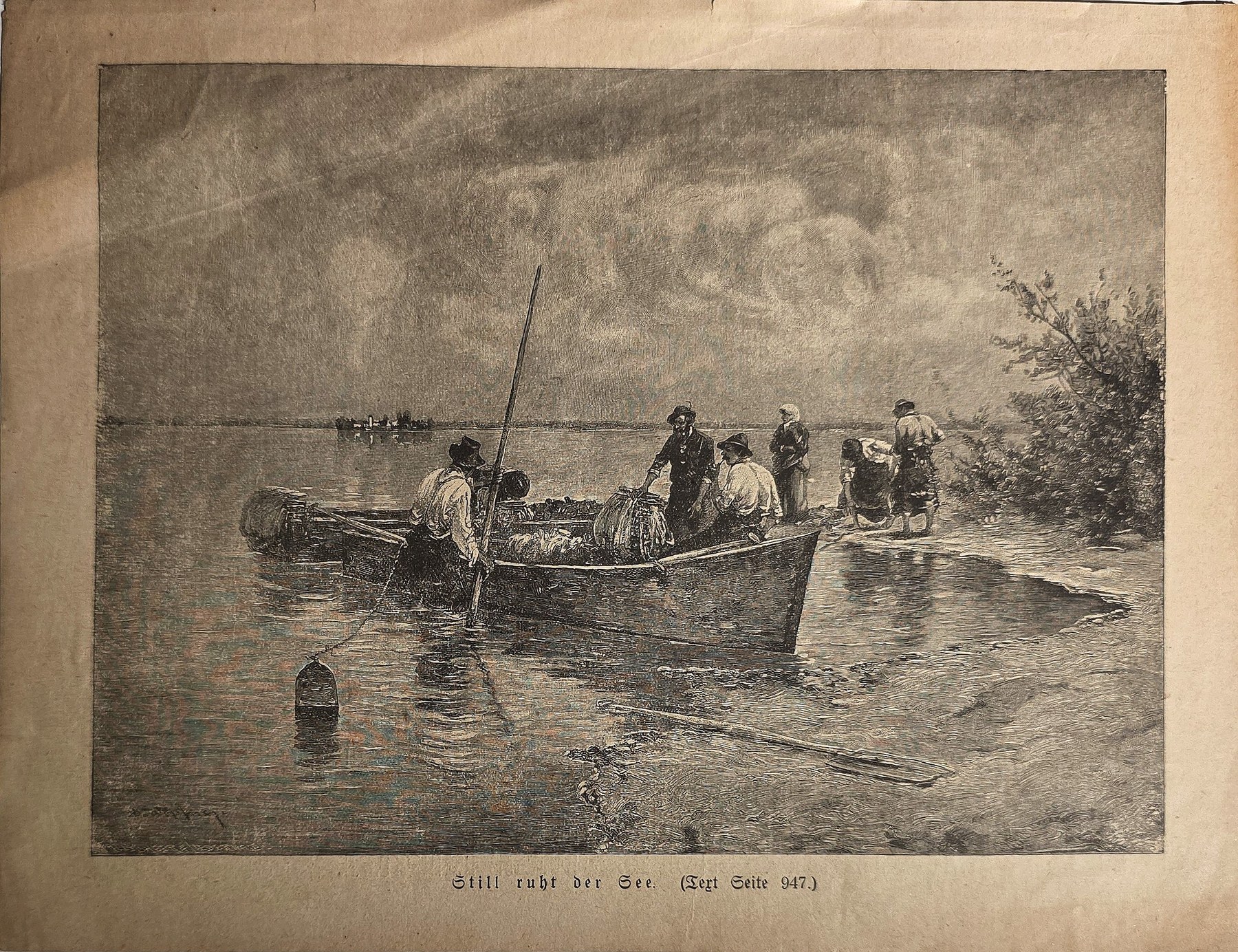 Historische Darstellung – Fischer in Booten auf ruhigem Wasser