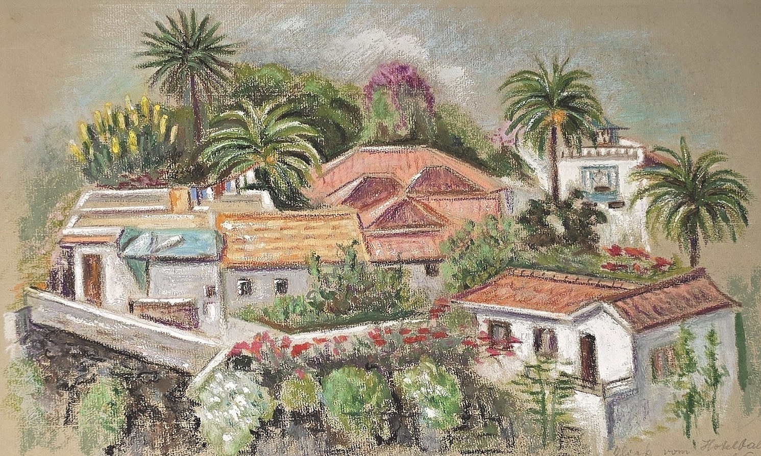 Historische Darstellung – Aquarell mit südlich wirkender Häusergruppe und Palmen