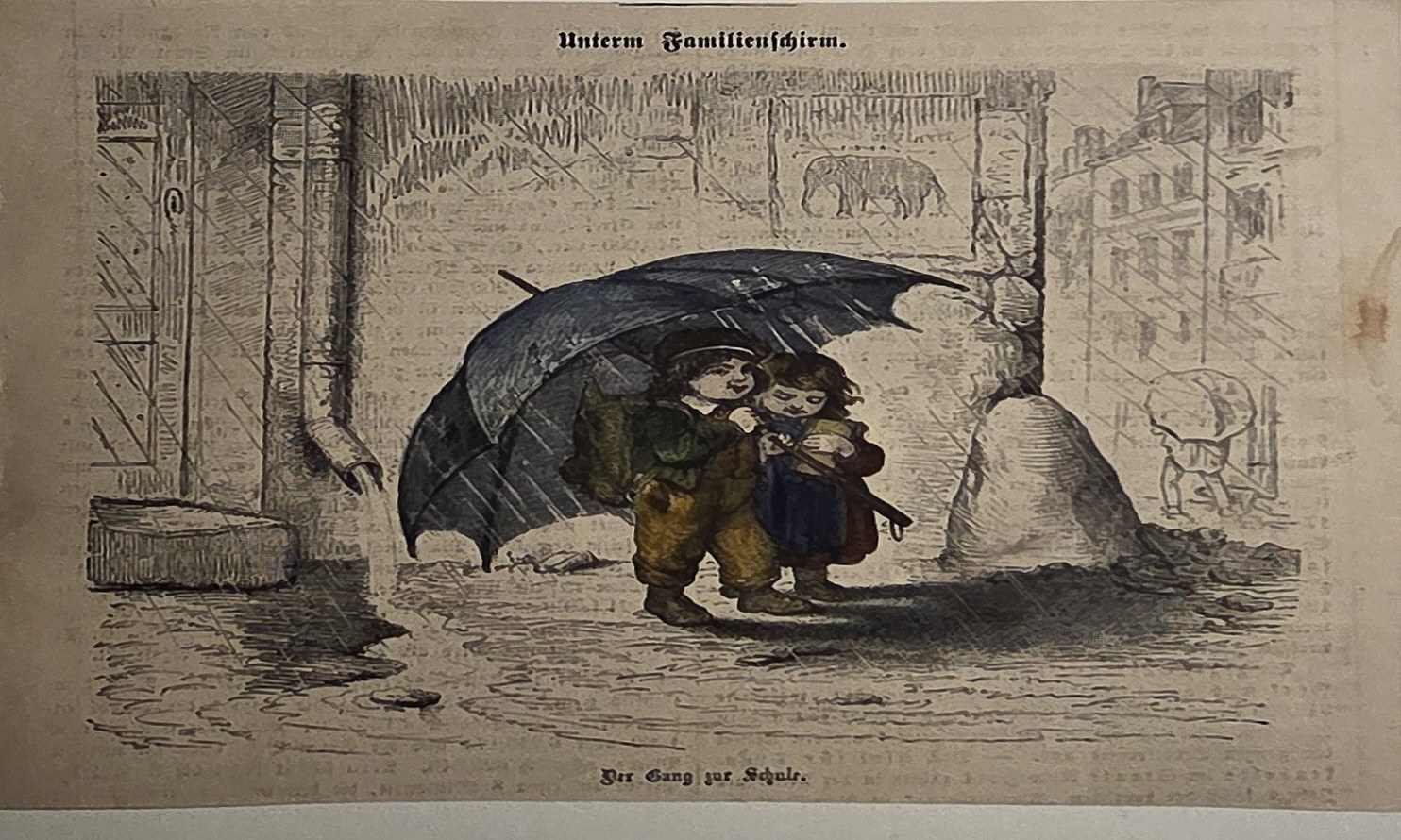Historische figürliche Darstellung – Zwei Personen unter einem großen Regenschirm