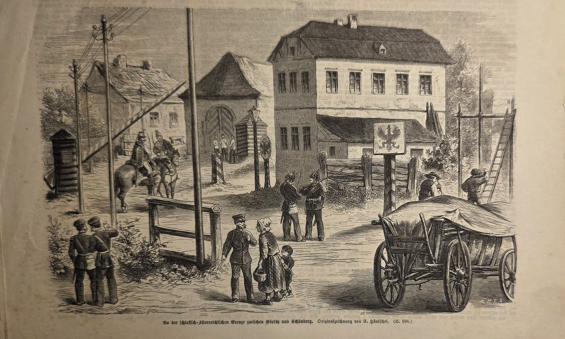 Straßenszene vor Gebäude mit Wagen und Passanten