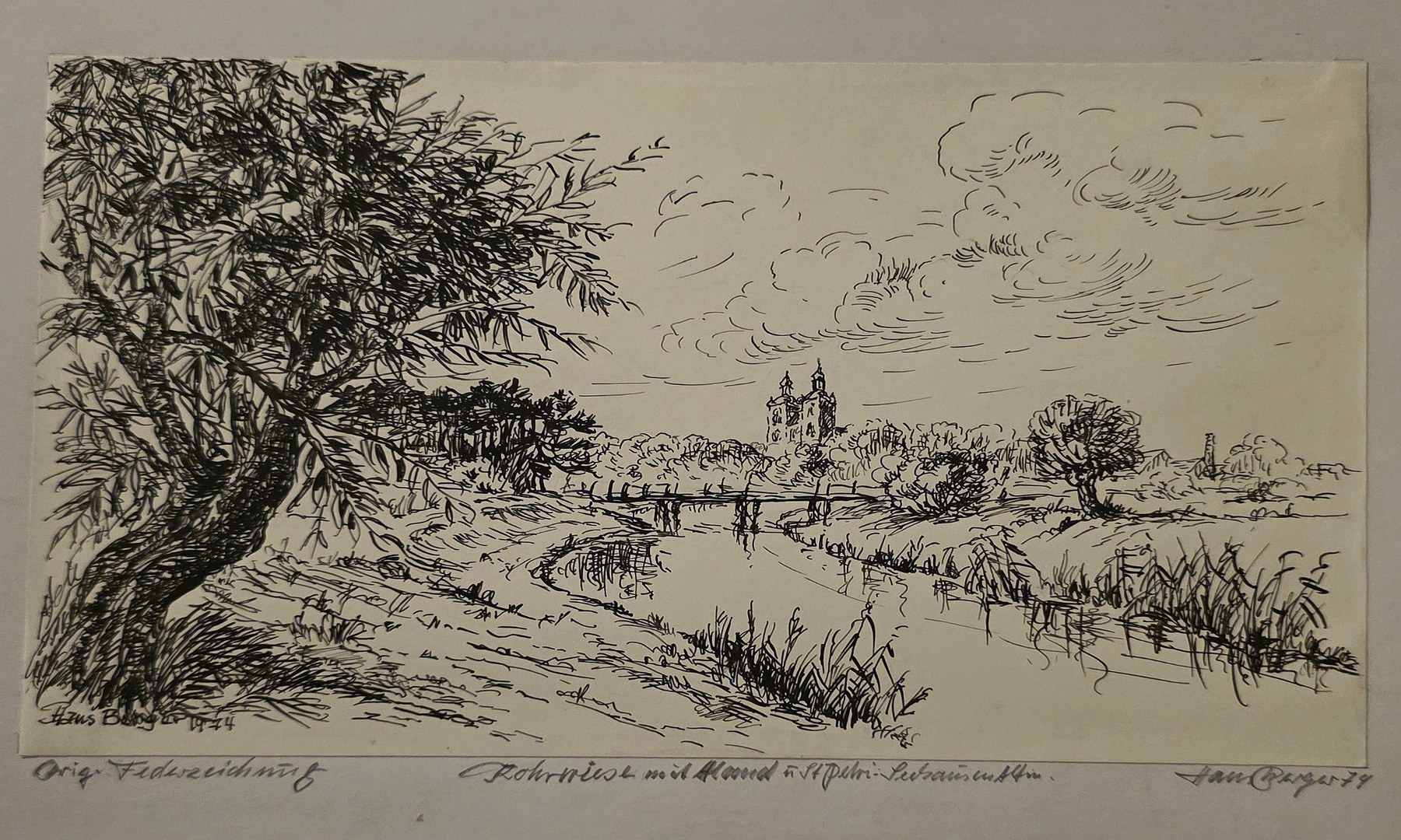 Historische Landschaftsgrafik mit Uferweg und Fernblick