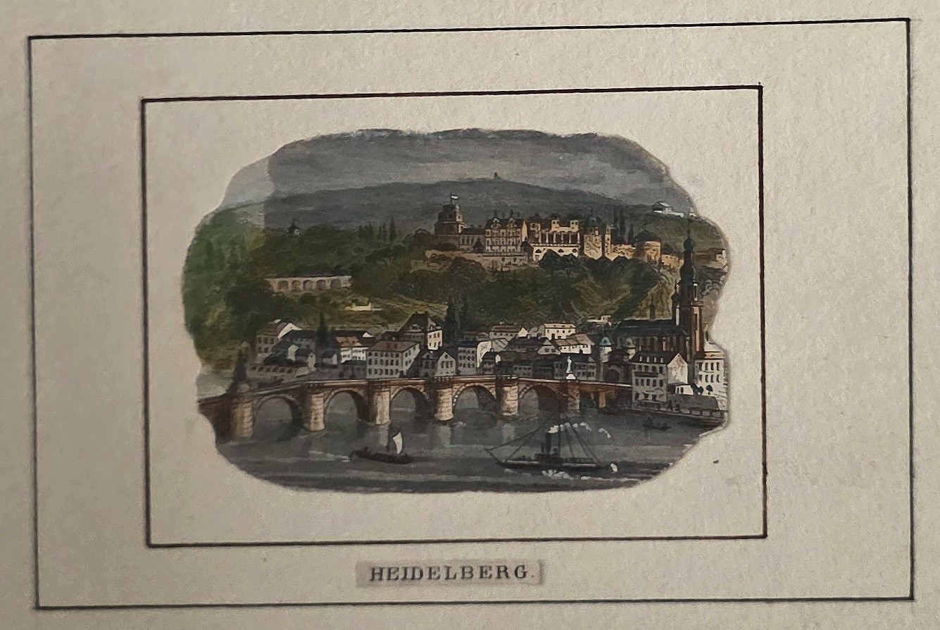 Historische Architekturdarstellung – Kolorierter einer Stadt mit Brücke