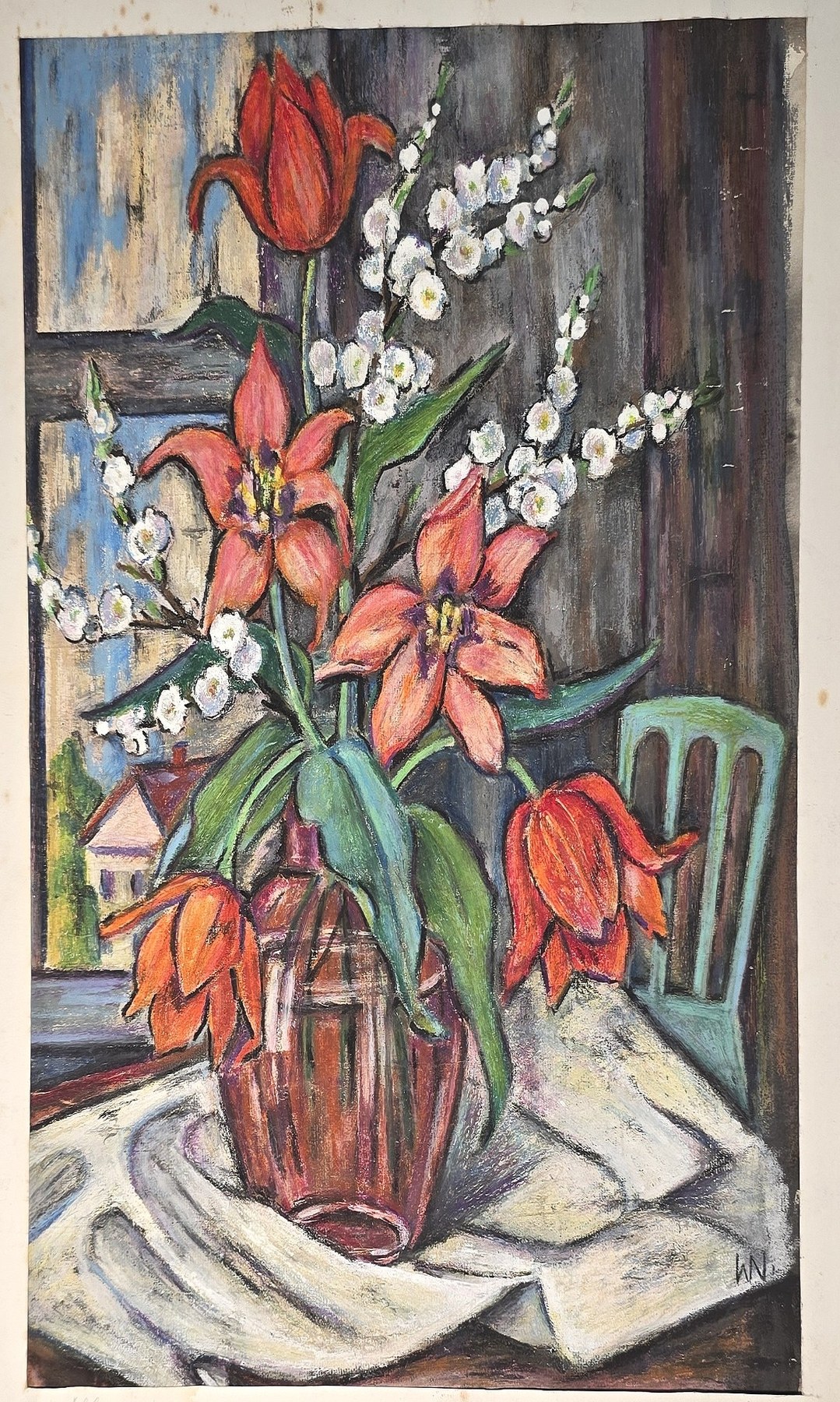 Aquarell mit roten Lilien und weißen Blütenzweigen