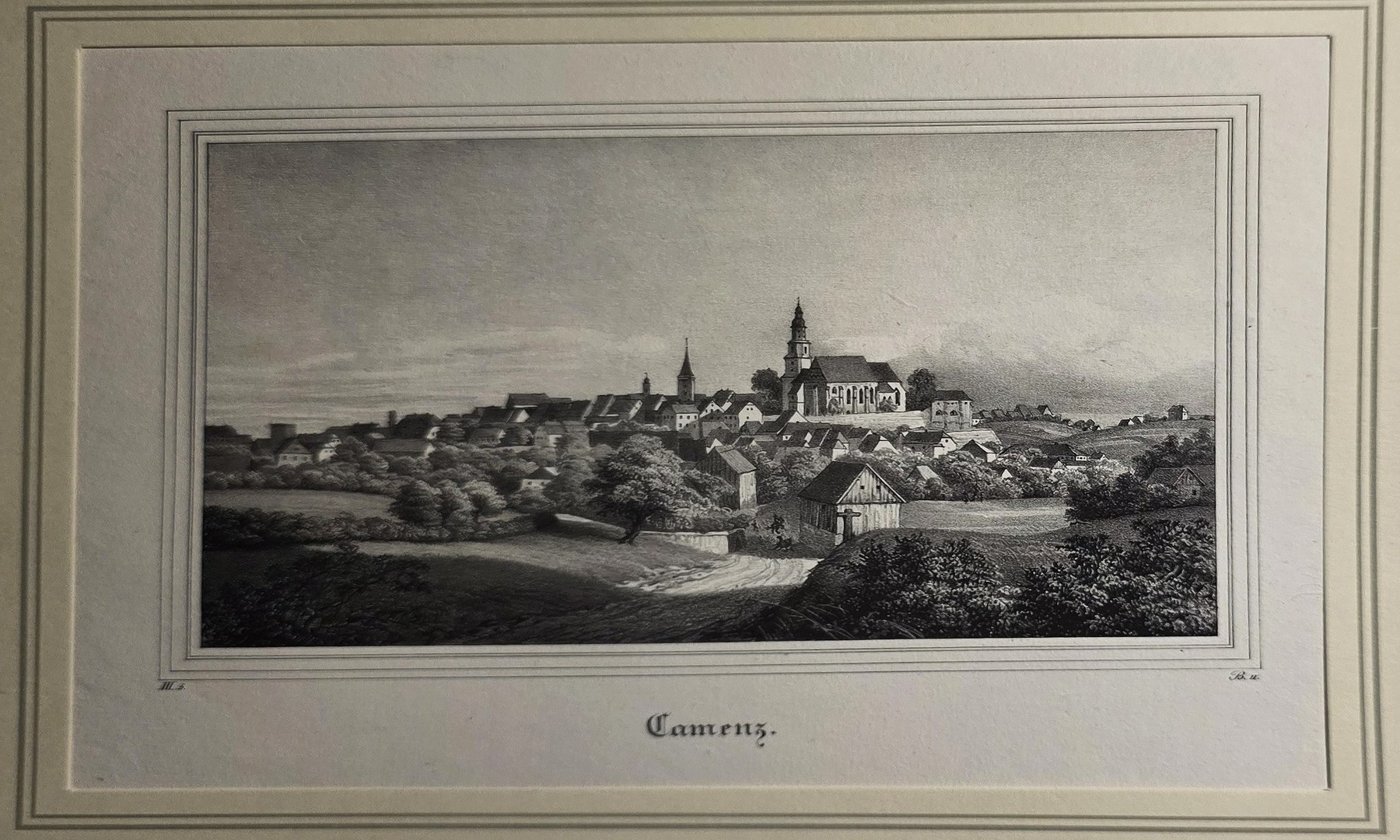 Historische Panoramagrafik einer Stadt mit Kirchturm