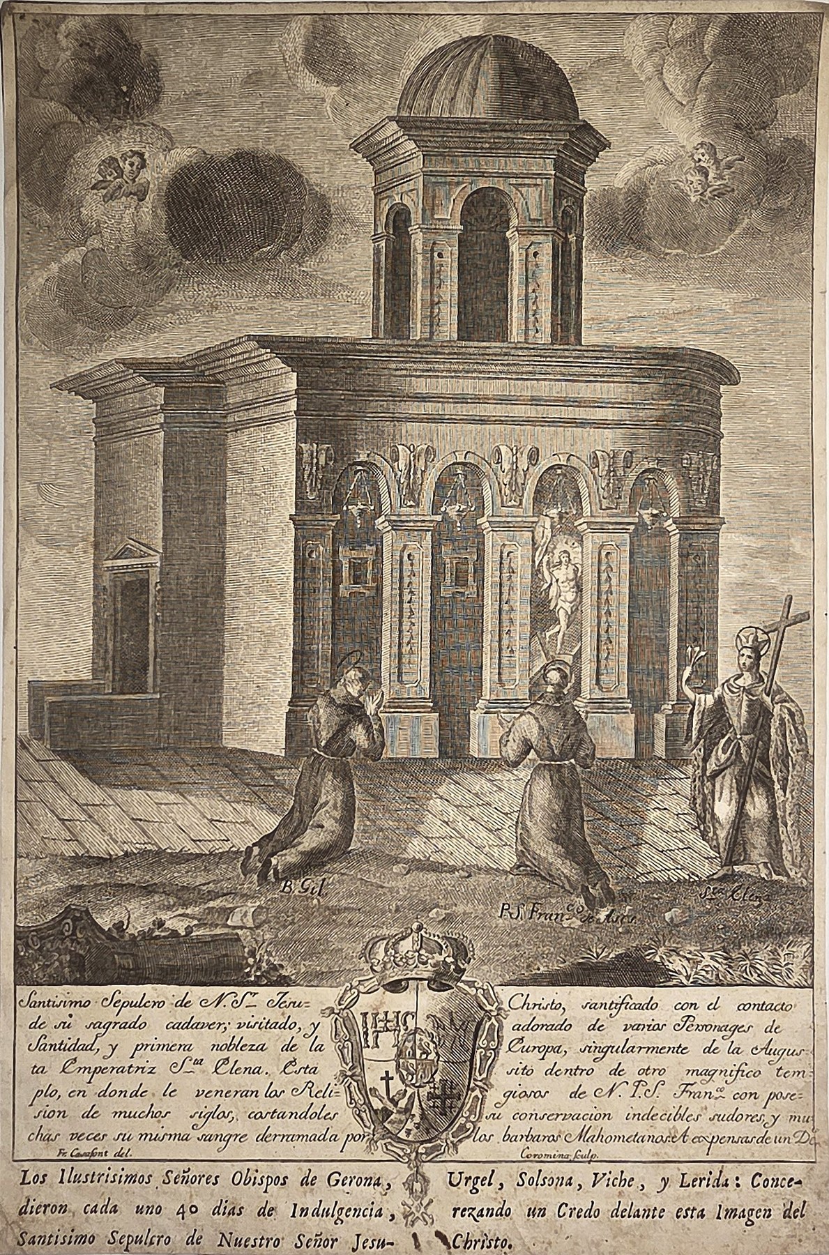 Kirchenfassade mit Geistlichen und lateinischem Textfeld