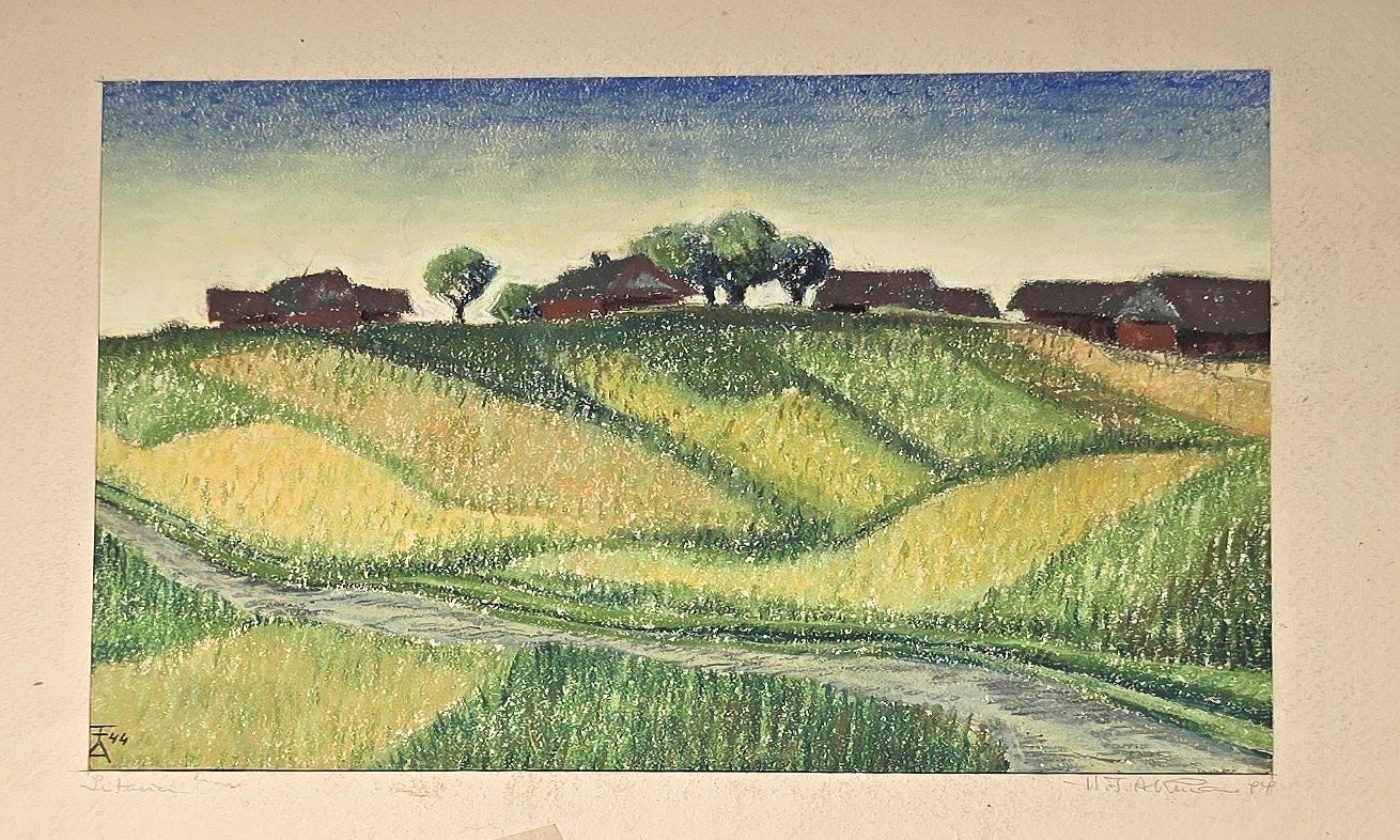 Aquarell mit Feldern und verstreuten Häusern
