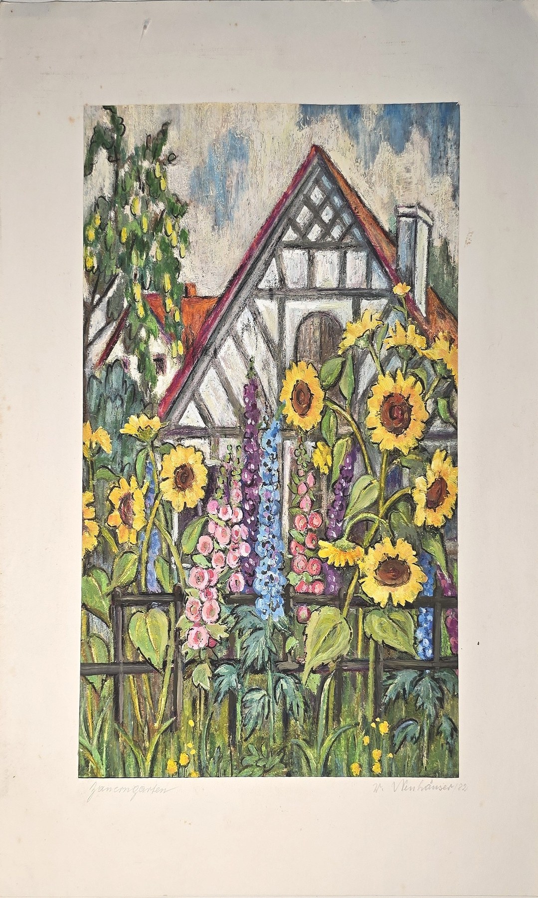 Aquarell mit Sonnenblumen vor Fachwerkhaus