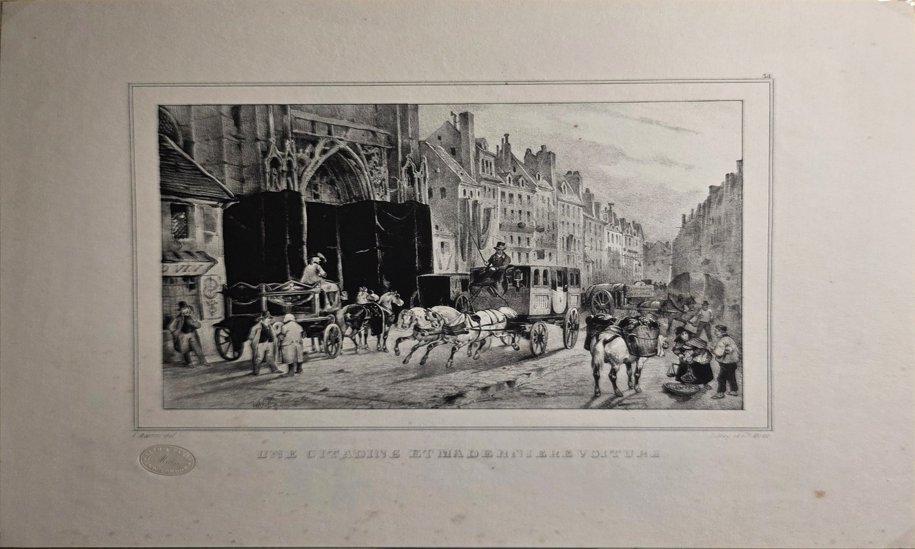 Belebte historische Straßengrafik mit Wagen und Häuserzeile