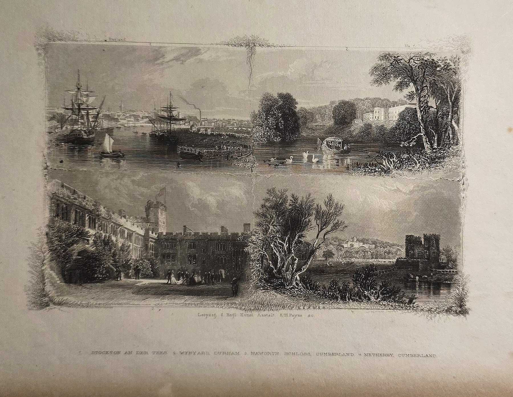 Hafen, Gebäude und Landschaft in drei Ansichten