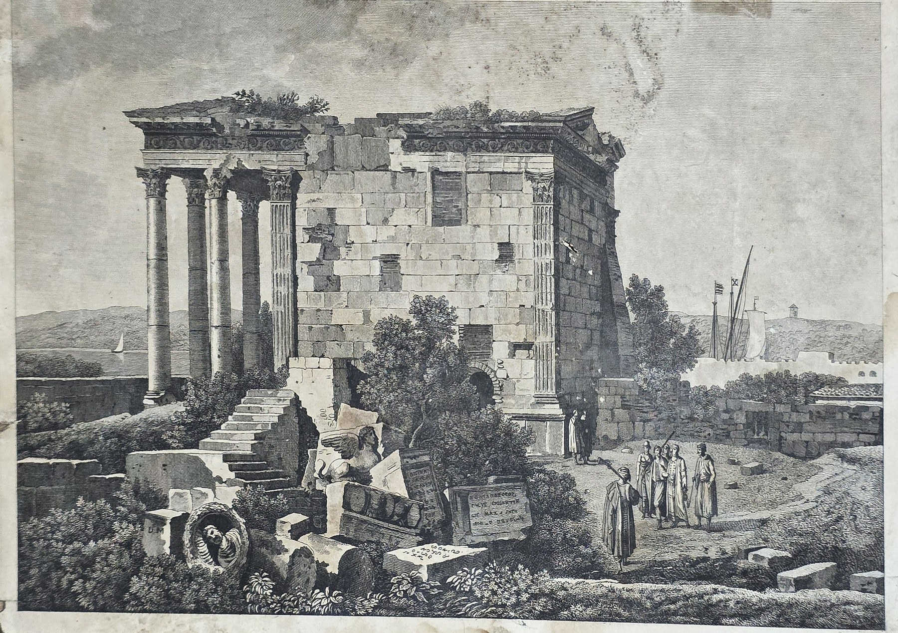 Historische Architekturdarstellung – Antike Ruinenlandschaft mit Säulen und Figuren