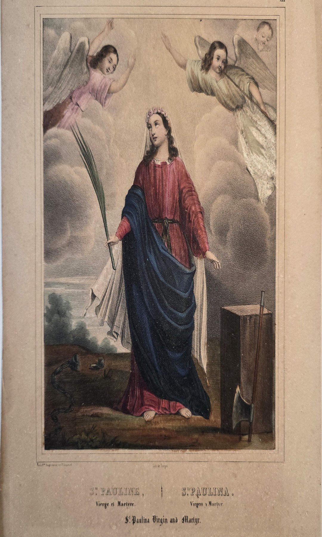 einer Marienfigur in roten und blauen Gewändern