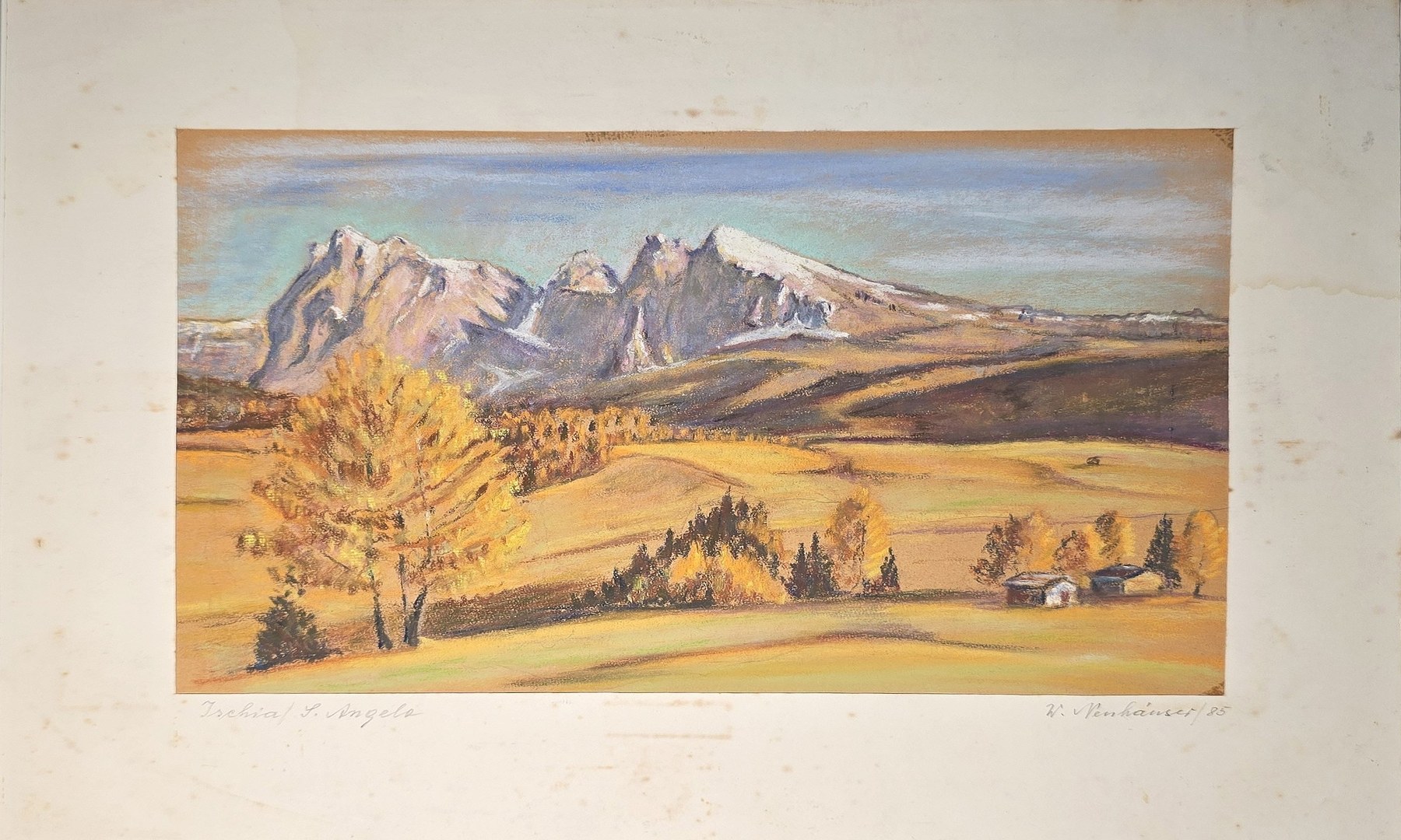 Aquarell mit Bergkette und herbstlicher Ebene
