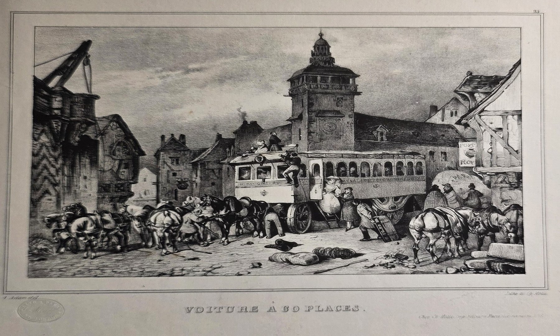 Marktplatzgrafik mit zentralem Turmbau und zahlreichen Figuren