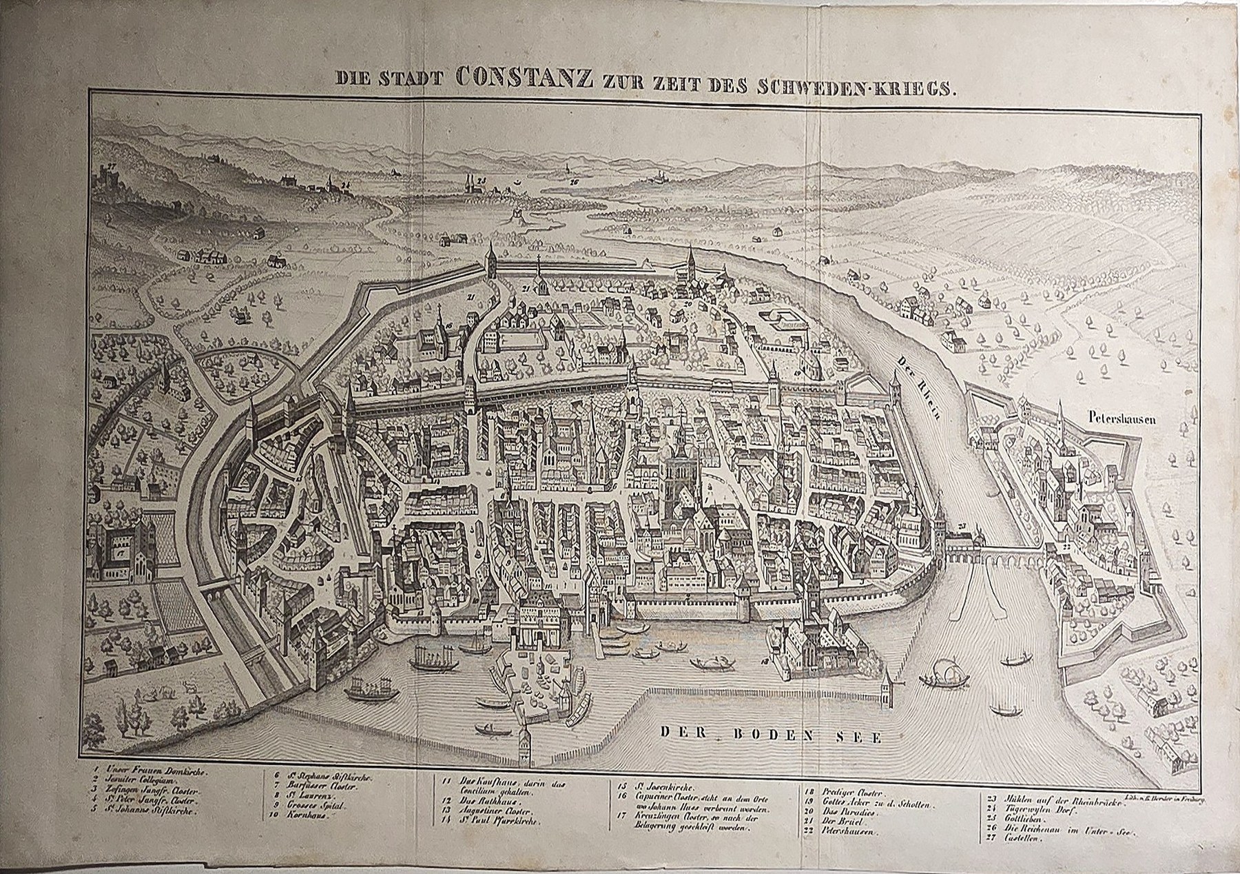 eines historischen Stadtplans mit Flusslauf