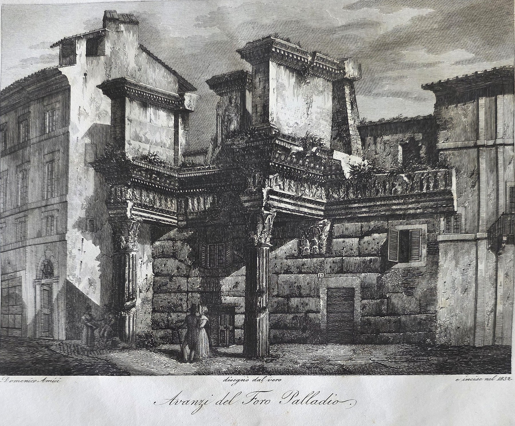 Historische Darstellung – Massive Torruine mit vorspringendem Mauerwerk