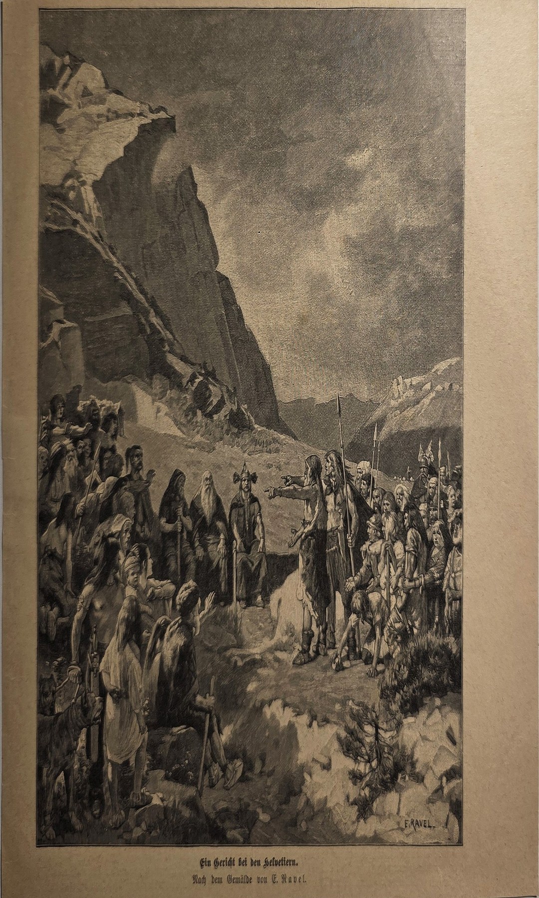 Historische Darstellung – Menschenzug in felsiger Gebirgslandschaft