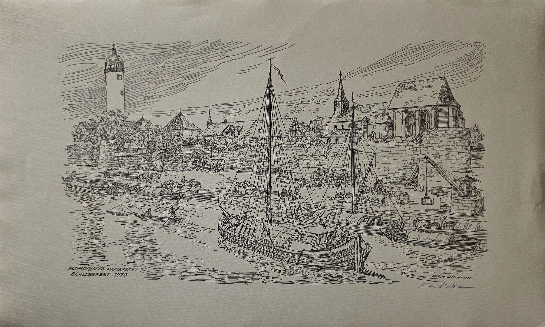 Historische Ufergrafik mit Segelschiff und Stadt