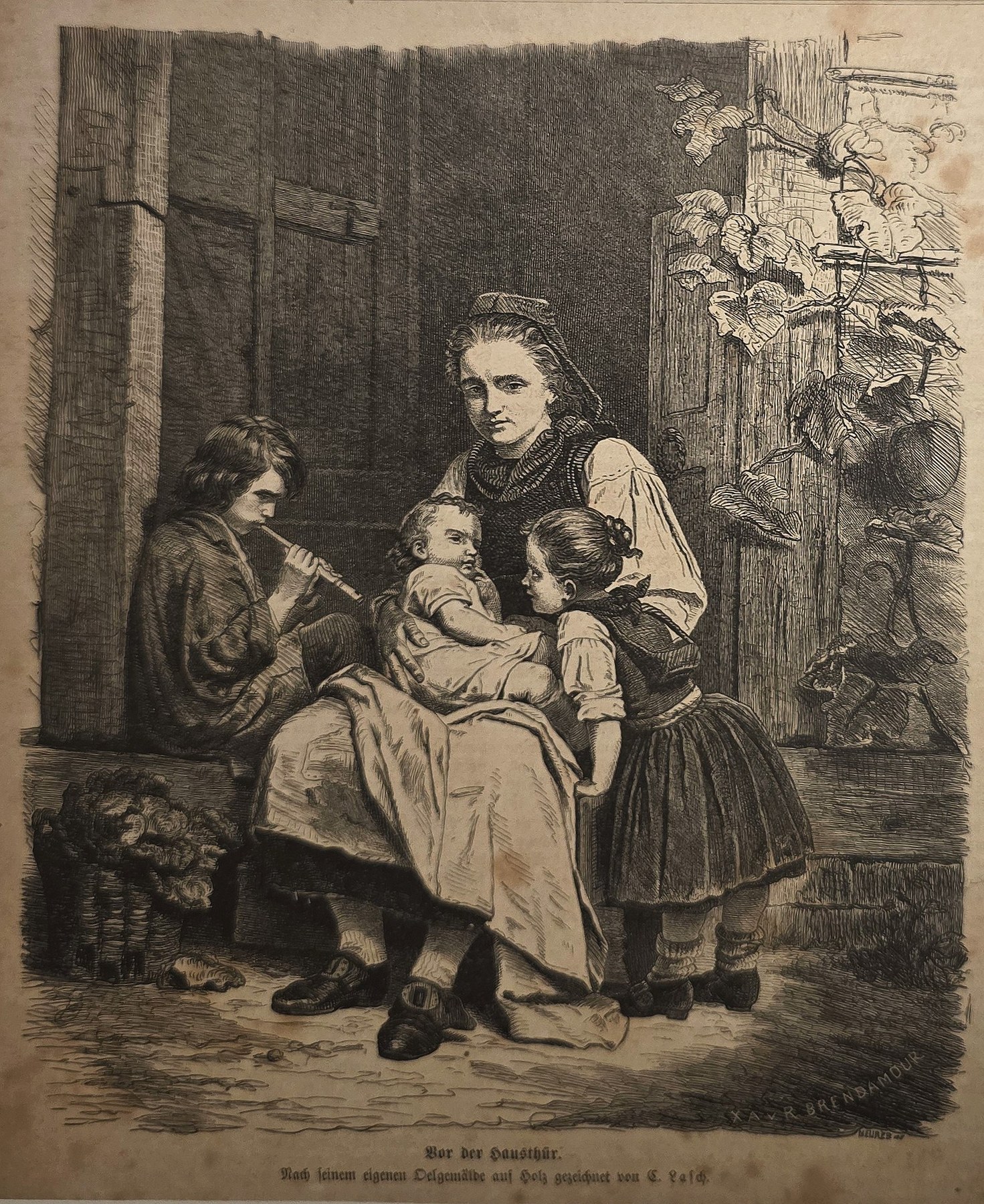 Mutter mit zwei Kindern vor dunkler Wand