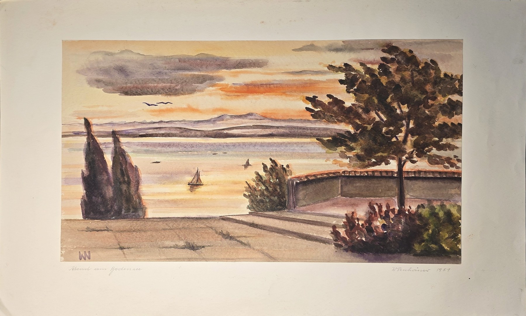 Aquarell mit Abendlicht über weitem See