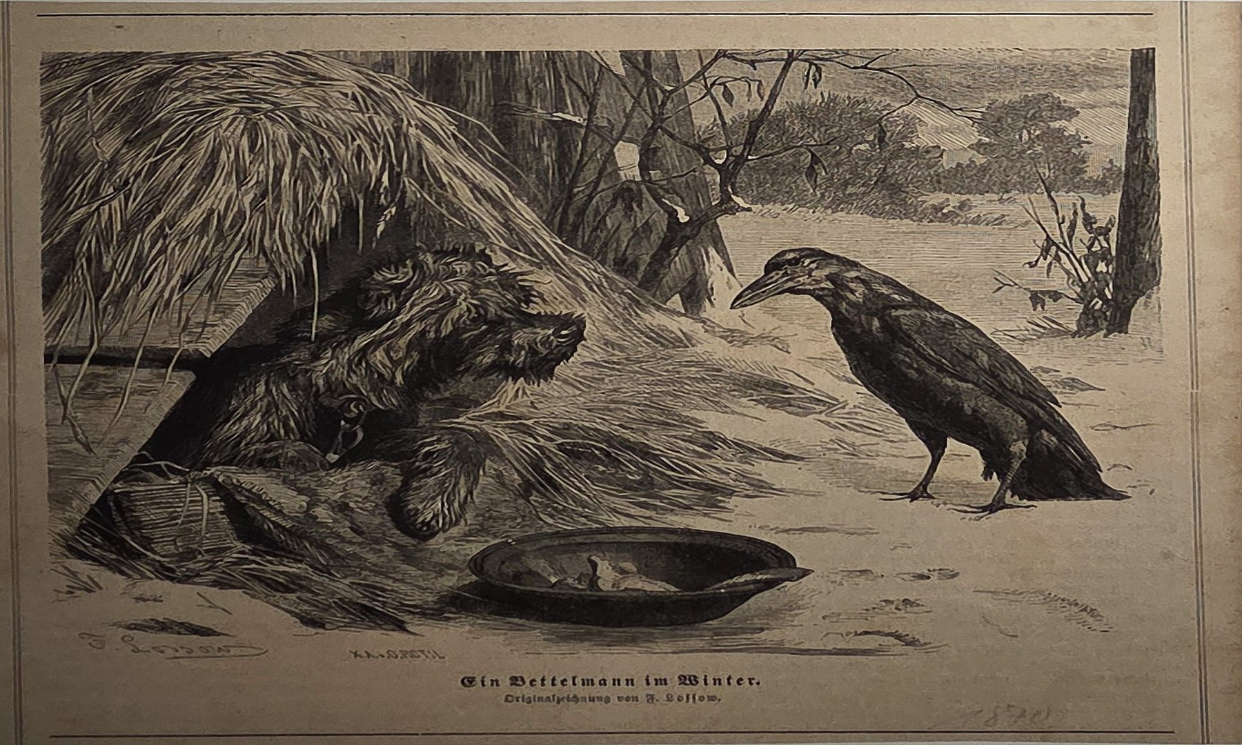 Historische Darstellung – Dunkler Vogel und Tier an einem Strohdach