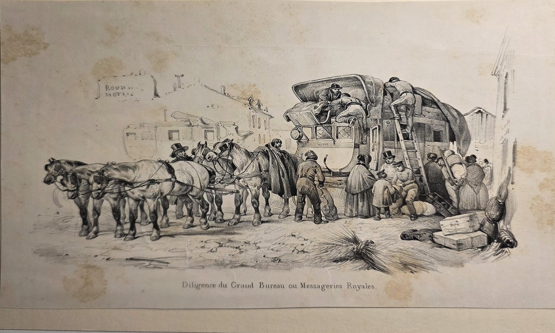 Große historische Kutschenszene mit Pferdegespann und Reisenden
