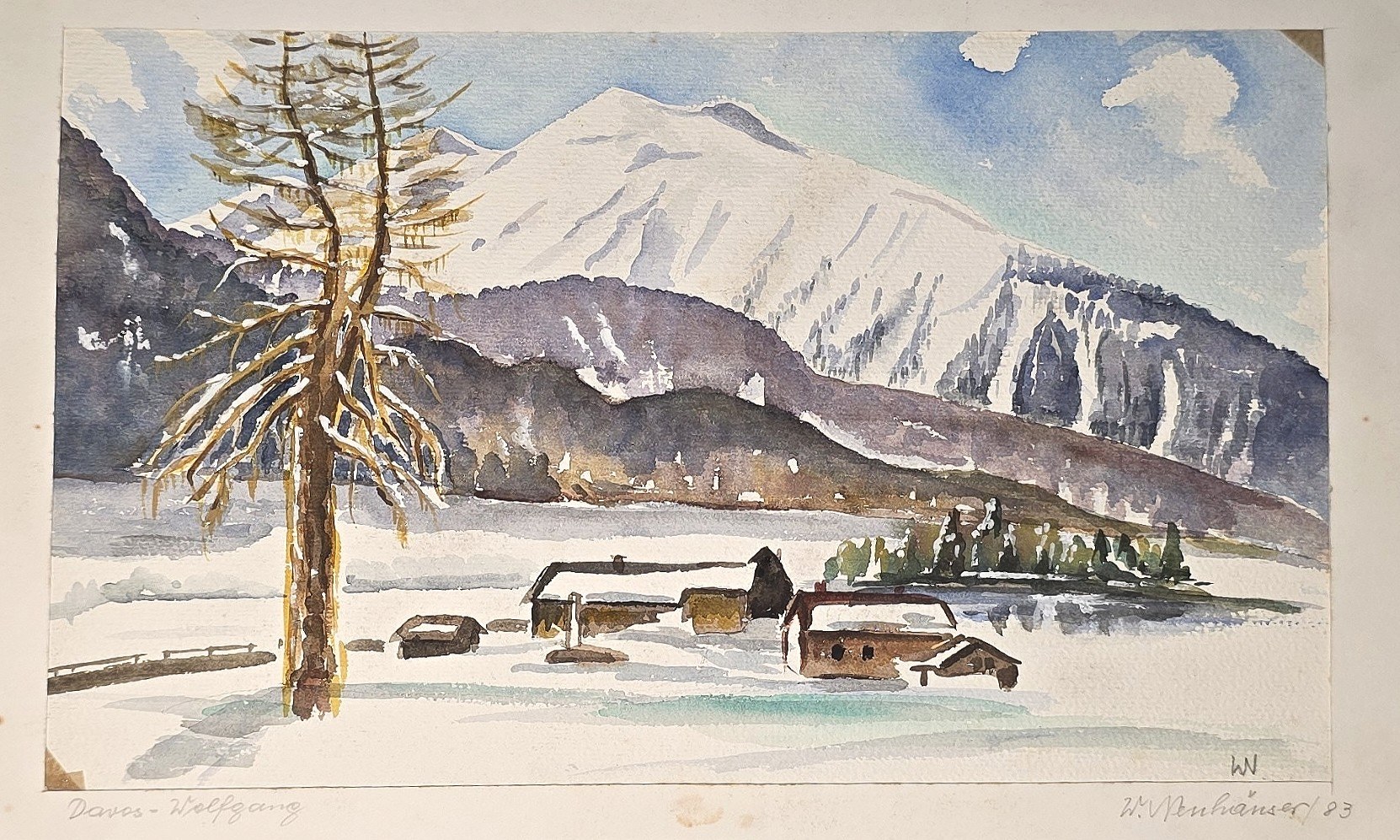 Aquarell mit verschneitem Tal und Bergmassiv