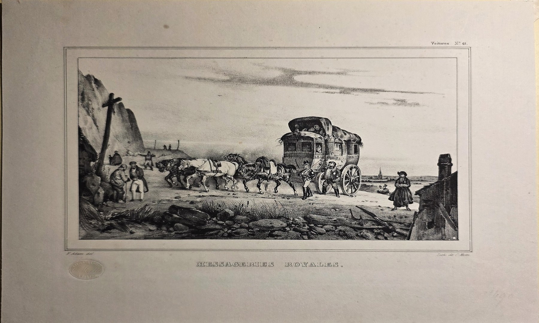 Historische Reisegrafik mit Kutsche auf weiter Straße