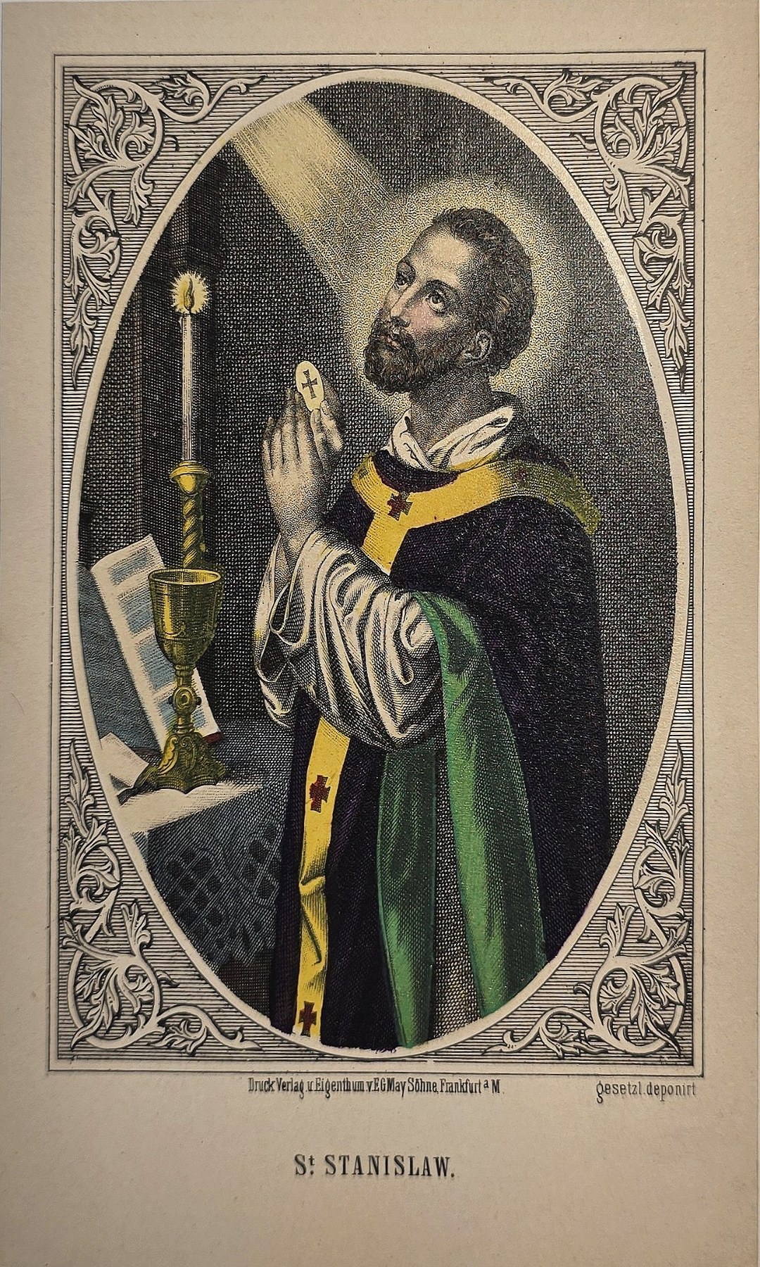 Ornamental gerahmte mit betendem Bischof und Kirchenattributen