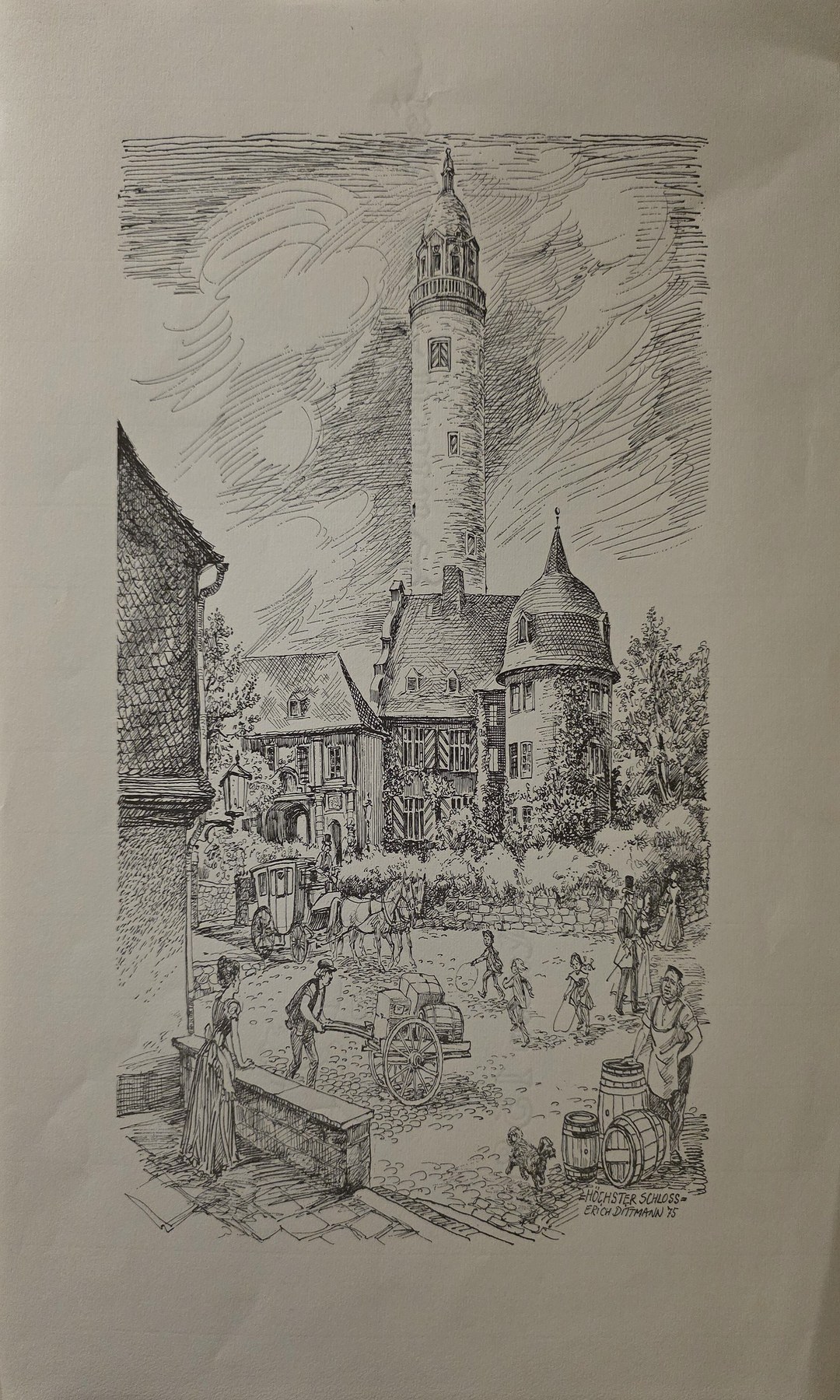 Historische Turmgrafik mit belebtem Platz