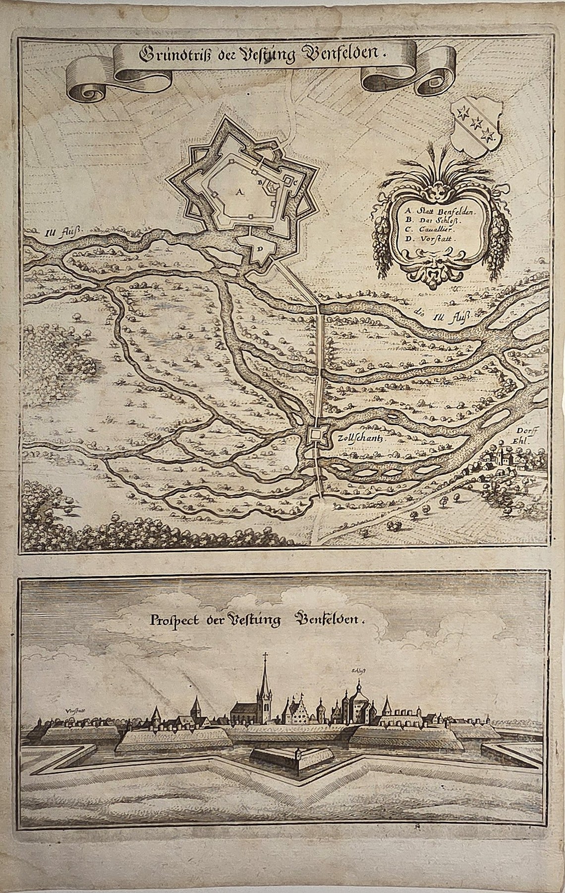Festungsgrundriss und Stadtpanorama auf einem Blatt